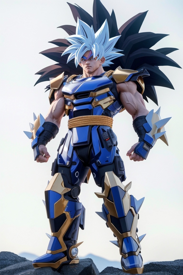 ((HRD, HUD, 8K)),((masterpiece, best quality)), highly detailed, soft light,Mecha, 1boy, male focus, solo, muscular, spiked hair, black hair, looking at viewer, glowing, son goku, super saiyan, clenched hands, muscular male, torn clothes, blue eyes, standing, white background, full body,  <lora:20240427-1714184585124:0.8>