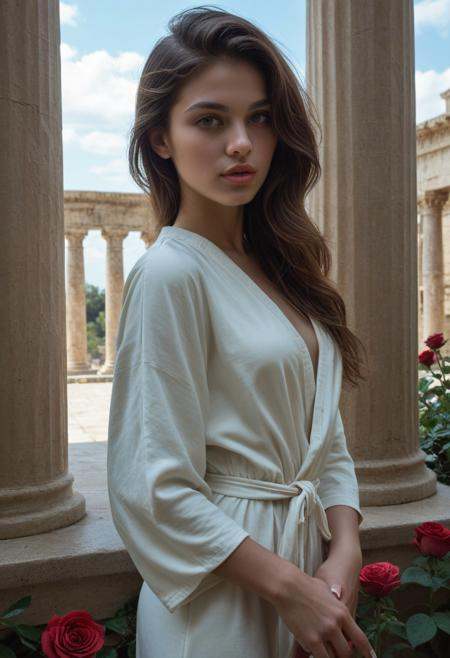 very aesthetic, score_9, score_8_up, score_7_up,masterpiece, (greek goddess white long dress with intricate gold details:1.10), (dark brown eyes:1.10), eyes focus, eye contact, (aesthetic photography:1.10), portrait, model, 1girl, solo, (pale skin:1.10), (young woman:1.10), petite, asymmetrical hair, perfect eyes, full lips, slim, wearing (white fingernails:1.05), standing, Greek environment with Greek columns, outdoors, sky, (beautiful day:1.10), roses