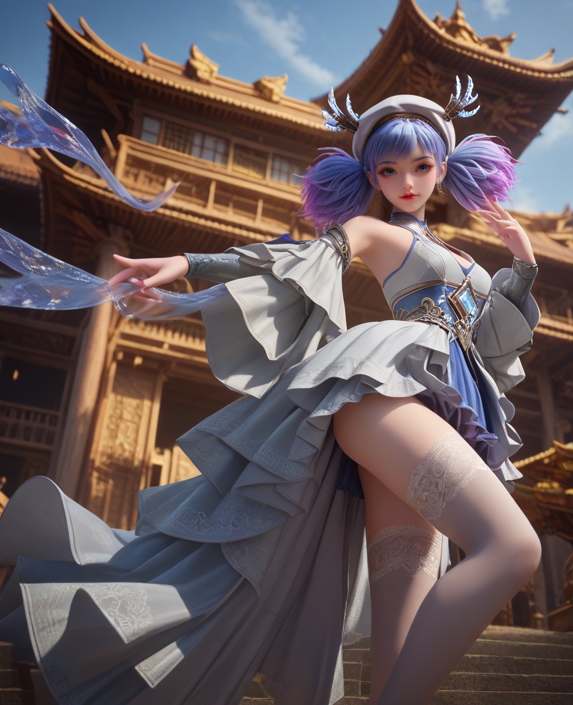 (oriental architecture, elegant decor, sophisticated style:1.1),(Web-Slinging Pose, One hand forward as if shooting webs, one leg raised, ready to swing through the city,:1.1),(breasts:1.2),<lora:XL16克金玩家小麋鹿:0.95>,miss xiaomilu,white gothic lolita dress,blue petticoat,blue eyes,short twintails,unicorn hair,white hat,antlers,jewelry,ombre lace thighhighs,, zPDXL2, score_9, score_8_up, score_7_up BREAK realistic, masterpiece,best quality, highly detailed,, zPDXL3, zPDXL2,zPDXL, zPDXLxxx, zPDXLrl,