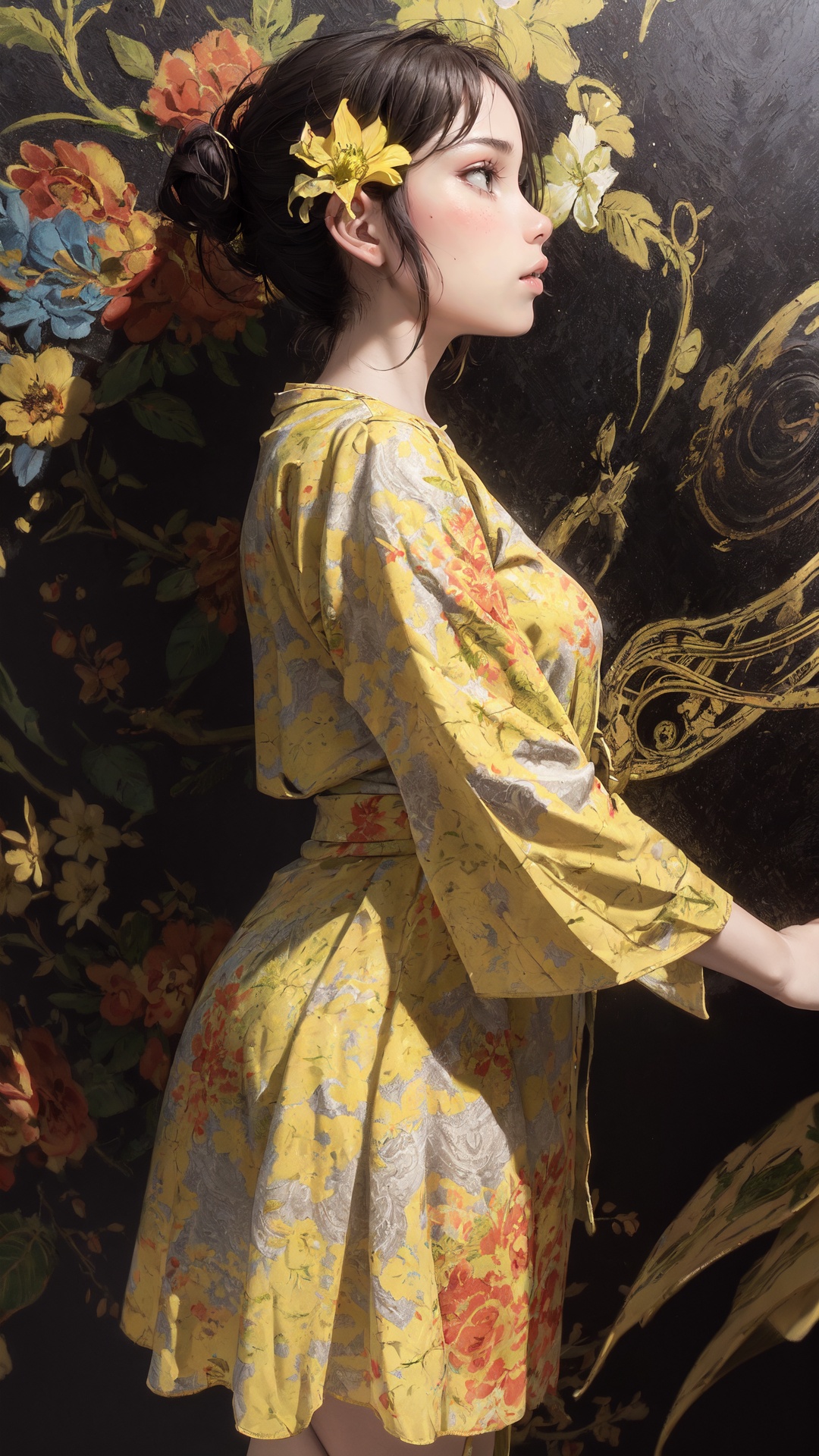 tutututu,floral print,dress,yellow flower dress,long sleeves,obi,<lora:yellow_dress_V2-000006:0.65>,official art,unity 8k wallpaper,ultra detailed,beautiful and aesthetic,masterpiece,best quality,(zentangle, mandala, tangle, entangle),(fractal art:1.3),1girl,extremely detailed,dynamic angle,cowboyshot,the most beautiful form of chaos,elegant,a brutalist designed,vivid colours,romanticism,by james jean,roby dwi antono,ross tran,francis bacon,michal mraz,adrian ghenie,petra cortright,gerhard richter,takato yamamoto,ashley wood,atmospheric,ecstasy of musical notes,streaming musical notes visible,