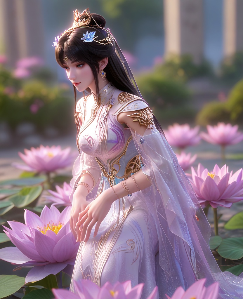 (Seated cross-legged, hands resting atop her knees with palms facing upwards, she embodies serenity and spiritual awakening:1.1),(large breasts:1.2),<lora:XL16云深不知梦云珞璇魂体:0.95>,miss yunluoxuan,white dress,black hair,long hair,hair ornament,earrings,jewelry,hair bun,bracelet,lotus throne,, score_9,score_8_up,score_7_up,score_6_up,score_5_up,score_4_up,3d rendering,tag1,tag2, Cinematic Lighting,backlighting,