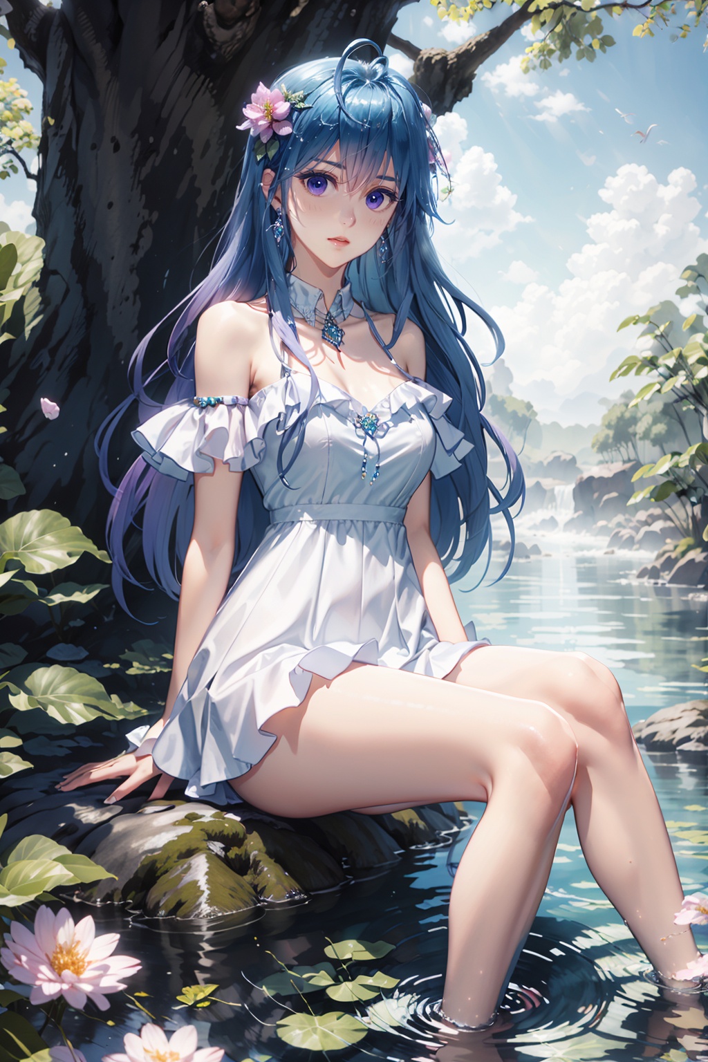 1girl,bare legs,water,dress,sitting,long hair,solo,rock,flower,outdoors,hair ornament,jewelry,bare shoulders,looking at viewer,purple eyes,thighs,tree,earrings,,<lora:jmai_20240512200337-0000010:0.7>