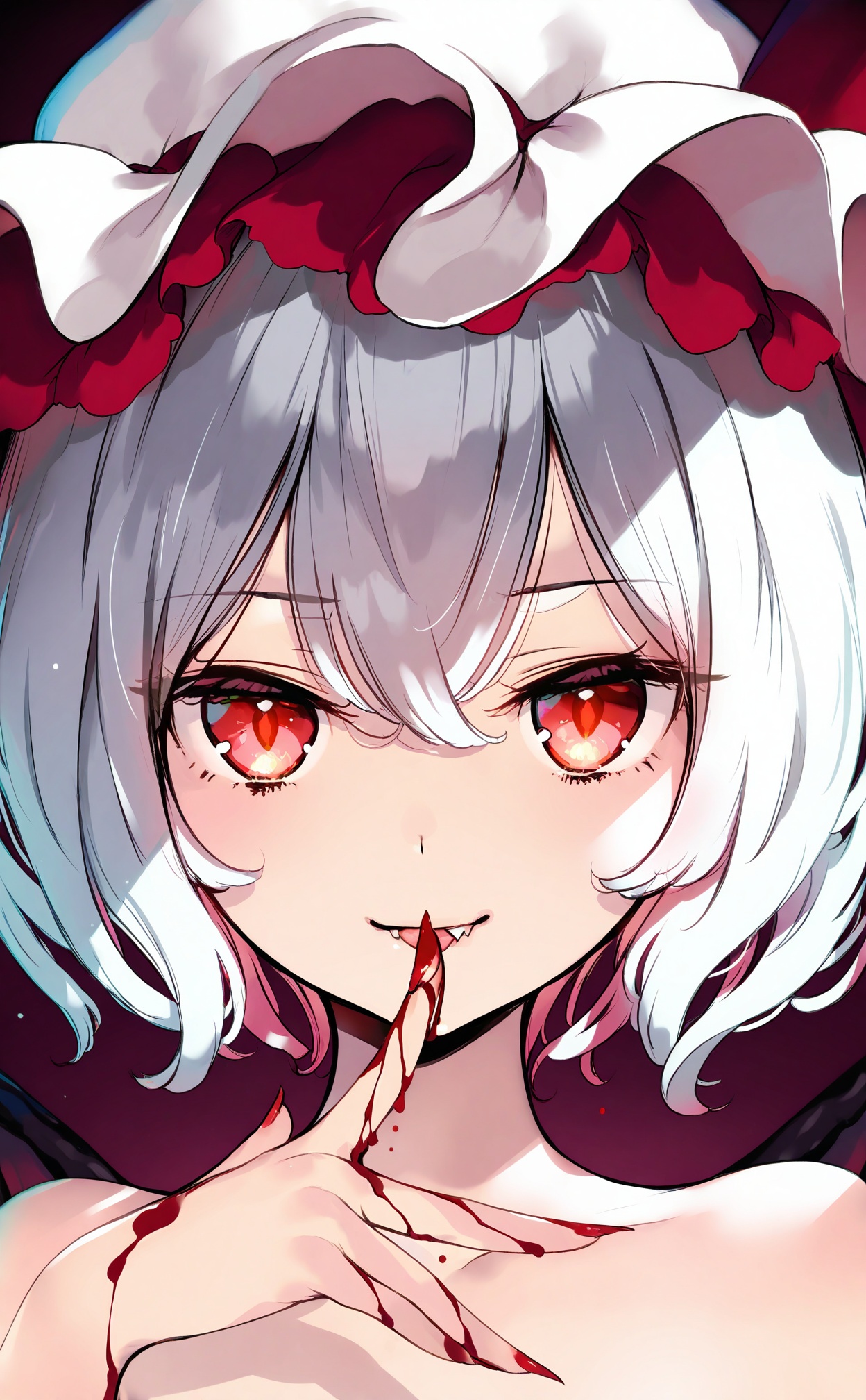 masterpiece,highres,absurdres,newest,best quality,loli,petite,high quality,chromatic_aberration,aqua theme,//,1girl,remilia_scarlet,hat,solo,mob_cap,red_eyes,short_hair,wings,looking_at_viewer,blood,white_headwear,portrait,bat_wings,hair_between_eyes,smile,red_nails,hat_ribbon,blood_on_hands,bare_shoulders,ribbon,white_hair,fingernails,collarbone,red_ribbon,fang,purple_background,finger_to_mouth,long_fingernails,shadow,nail_polish,fang_out,hand_up,tongue,red_bow,tongue_out,upper_body,hat_bow,parted_lips,licking_finger,sharp_fingernails,bow,licking,blush,//,<lora:keta——【noob】hans:1>,