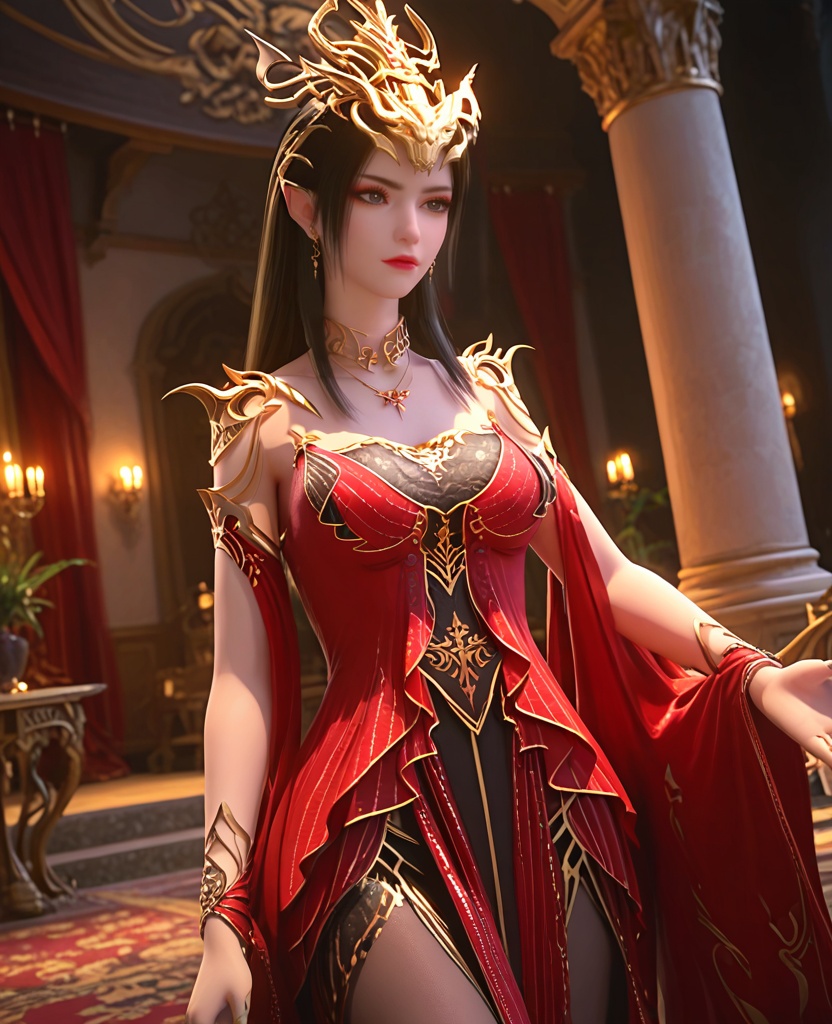 (oriental architecture, elegant decor, sophisticated style:1.1),(Gently pulling at an imaginary necklace near her collarbone, with her eyes locked onto an unseen lover, she portrays deep longing and irresistible charm:1.1),(breasts:1.2),<lora:XL斗破苍穹美杜莎女王装:0.95>,meidusha queen,red fringed dress layered on top of lace corset bra,red fringed dress,lace corset bra,shoulder armor,bare shoulders,pointy ears,crown,black hair,long hair,jewelry,earrings,necklace,detached sleeves,pantyhose,lace inner skirt,blue eyes,, score_9,score_8_up,score_7_up,score_6_up,score_5_up,score_4_up,3d rendering,tag1,tag2, Cinematic Lighting,backlighting,