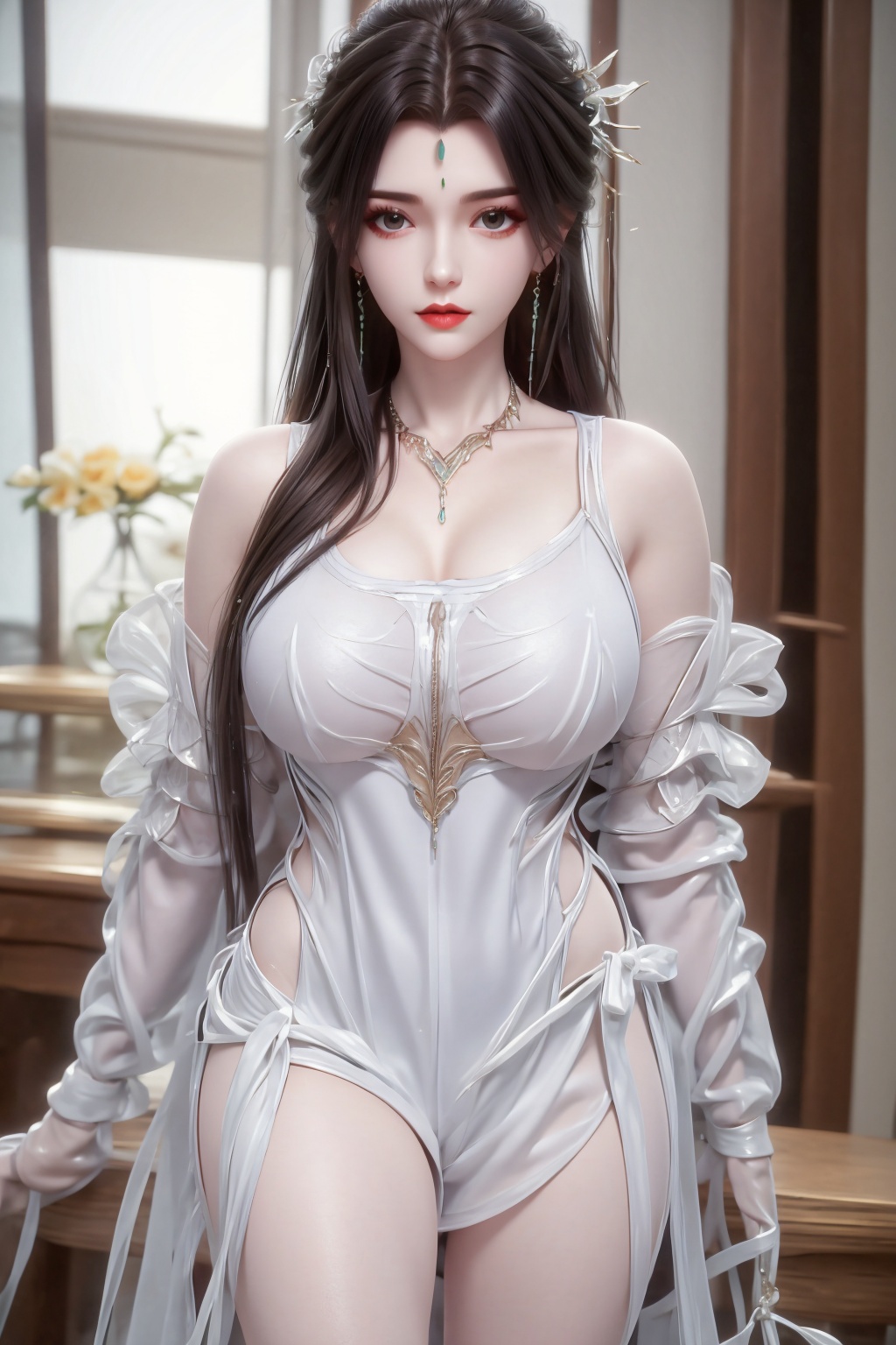 <lora:20250601-1748783307257:1>,1girl,hair ornament,dress,earrings,solo,long hair,jewelry,bare shoulders,brown hair,white dress,blurry background,clothing cutout,bare legs,black hair,breasts,looking at viewer,facial mark,forehead mark,