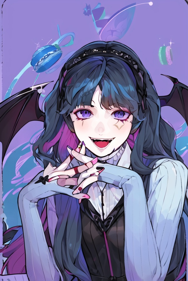 CH, high contrast, 1Girl, solo, looking at the audience, blue blue smile, short hair, open mouth, bangs, black hair accessories, long sleeves, black and red Gothic Lolita, bow, holding, jewelry, headband, food, demon wings, demon tail, Lolita fashion, Gothic Lolita, Lolita headband, macaron, purple background