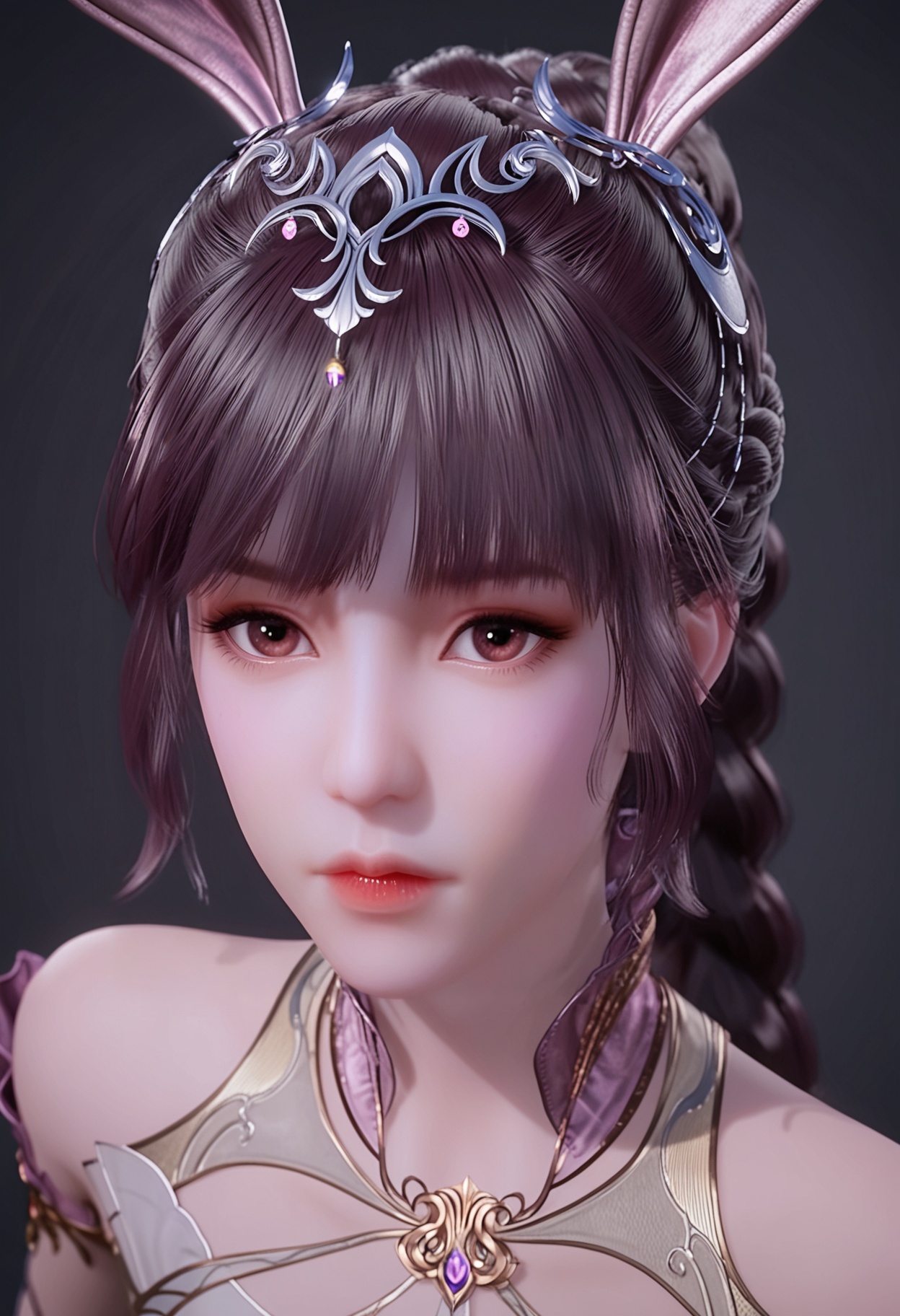 (looking_at_viewer:1.2),upper_body,<lora:YQ_pony_xiaowu_fuzhuang2_V5:0.8>,q1528437228,1girl,solo,hair ornament,long hair,dress,black hair,rabbit ears,animal ears,ponytail,brown hair,collar,metal collar,braid,pantyhose,(high heels:0.8),brown eyes,blunt bangs,braided ponytail,jewelry,simple background,pure black background,black background,