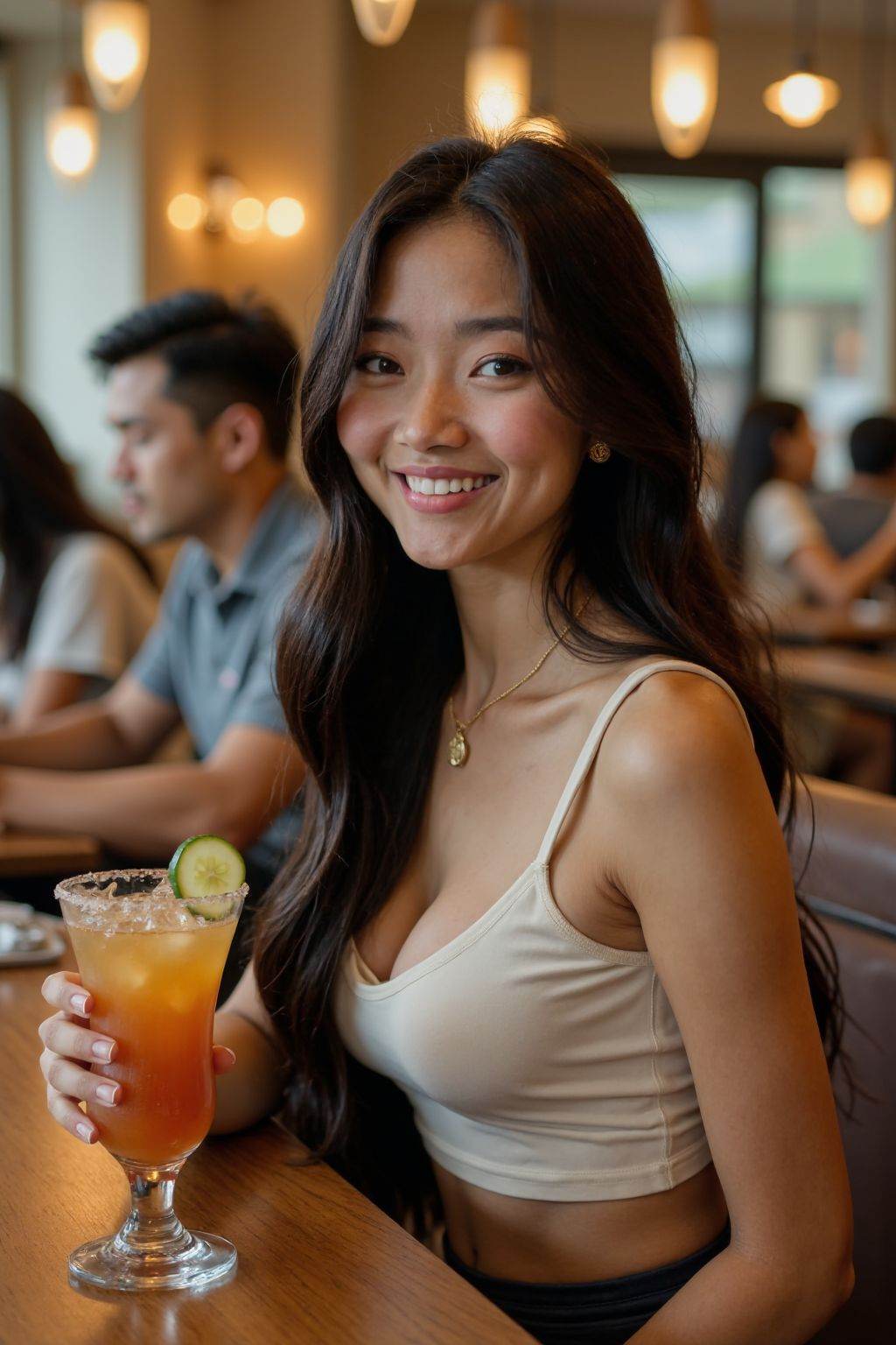 large breasts,HDR photo of cinematic film still the image is a high-resolution photo of a young girl with long straight black hair,who is smiling directly at the camera. She is seated at a wooden table and is wearing a form-fitting,white top crop top,that accentuates her slender physique and large breasts,extremely slim waist,In her right hand,she holds a cocktail garnished with a lime wedge and a slice of cucumber,which adds a pop of color to the image.,In the background,there are several other patrons seated at tables. A man with short black hair,wearing a grey polo shirt,is engaged in conversation with another person,while a woman with long,straight black hair,wearing a white blouse,is focused on her phone. The restaurant's interior is modern and elegant,with a mix of warm and cool tones. The walls are adorned with decorative tiles,and there are hanging pendant lights above the tables,casting a warm,inviting glow. The seating is a combination of cushioned chairs and padded benches,with a neutral color palette that enhances the overall sophisticated ambiance. The photograph captures a moment of casual dining in a stylish setting. . shallow depth of field,vignette,highly detailed,high budget,bokeh,cinemascope,moody,epic,gorgeous,film grain,grainy . High dynamic range,vivid,rich details,clear shadows and highlights,realistic,intense,enhanced contrast,highly detailed,