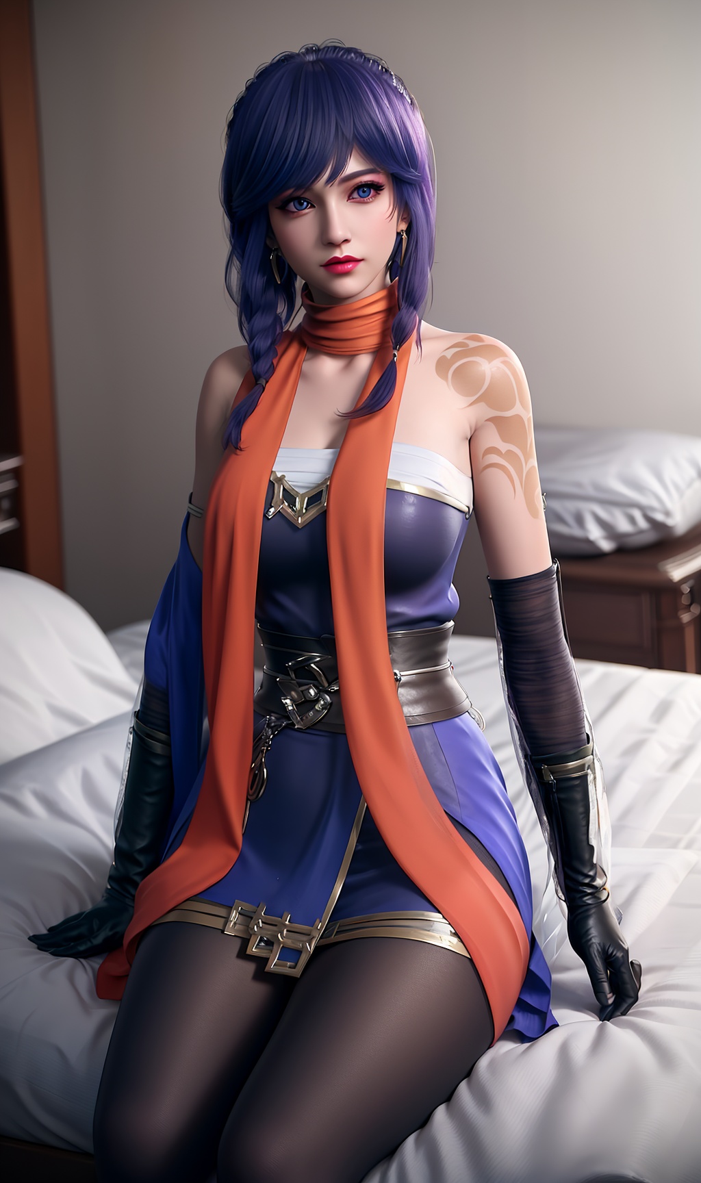 3D,masterpiece,(best quality),(makeup),official art, extremely detailed cg 8k wallpaper,((crystalstexture skin)), (extremely delicate and beautiful),(highly detailed),(face),(collar:1.000),(braid),(tattoo),(scarf),(black_gloves),(closed_mouth),(1girl), (solo), (jewelry), (earrings),(blue_hair),(long_hair),(hair_ornament),(handwear),(breasts),(sitting),((upper_body)),(dress),(skirt),(shiny_clothes),(long_legs),(city,indoor,bed),(multicolored_clothes),(multicolored_dress),(animal_tail),,(sash)),(black_pantyhose),(tail),,((looking_at_viewer)),((Facing the camera)),, <lora:hipoly3DModelLora_v10:0.3>