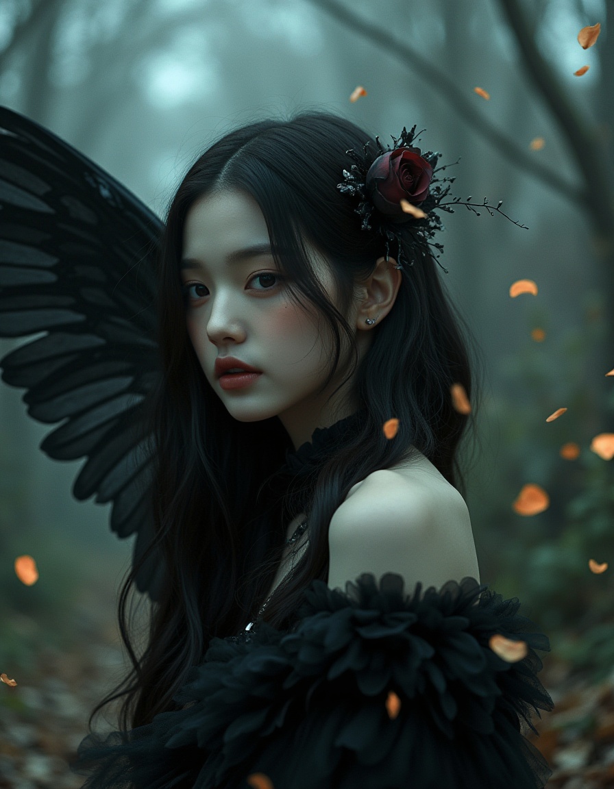 ,realistic portrait,film style,upper body,Aesthetics of material mourning,illusory and ethereal fairy with black wings,Gothic clothing,the background is the sacred symbol of ideal beauty that is about to disappear,translucent petals drifting with the wind,fluorescent raindrops like broken shadows,a little cold tone,natural hiding color method,complementary color coloring,hazy soft color,warm and glossy,frame composition,like dream,mystery,aestheticism,