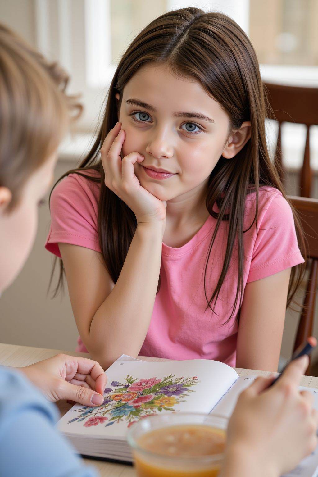 A girl with long brown hair and blue eyes is sitting at a table. She is wearing a pink shirt and has her hand on her chin. A boy with blonde hair is sitting in front of her. There is a book and a drink on the table.