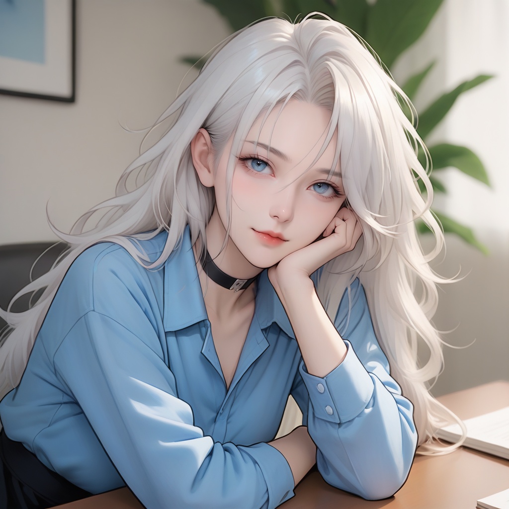score_9,score_8_up,score_7_up,depth of field,looking_at_viewer,<lora:yy>,1girl,long hair,white hair,messy hair,lightblue eyes,dress_shirt,choker,(nose blush:0.8),stylish_pose,head_rest,
