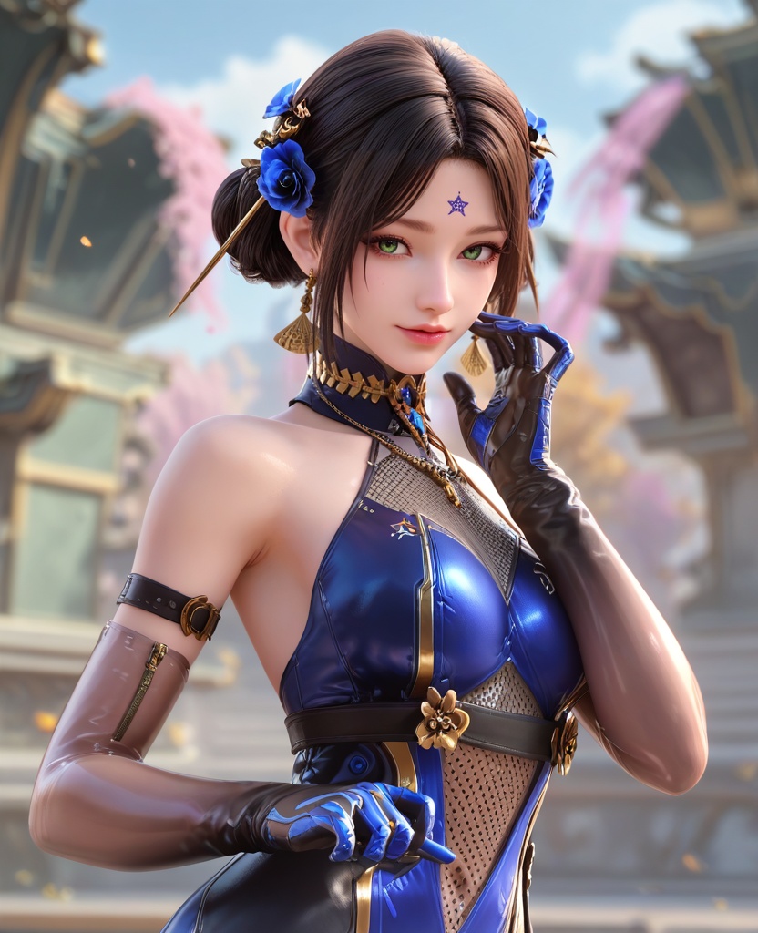 (oriental architecture, elegant decor, sophisticated style:1.1),(selfie,hyper realistic gopro action photo:1.1),(breasts:1.2),<lora:XL16穿越火线步练师保卫者:0.95>,miss bulianshi,blue short dress paired with black lining,mesh top,green eyes,forehead mark,black hair,double hair buns,hair ornament,elbow gloves,armlet,earrings,necklace,belt,black high heels,, score_9,score_8_up,score_7_up,score_6_up,score_5_up,score_4_up,3d rendering,tag1,tag2, Cinematic Lighting,backlighting,, zPDXL3, zPDXL2,zPDXL, zPDXLxxx, zPDXLrl,