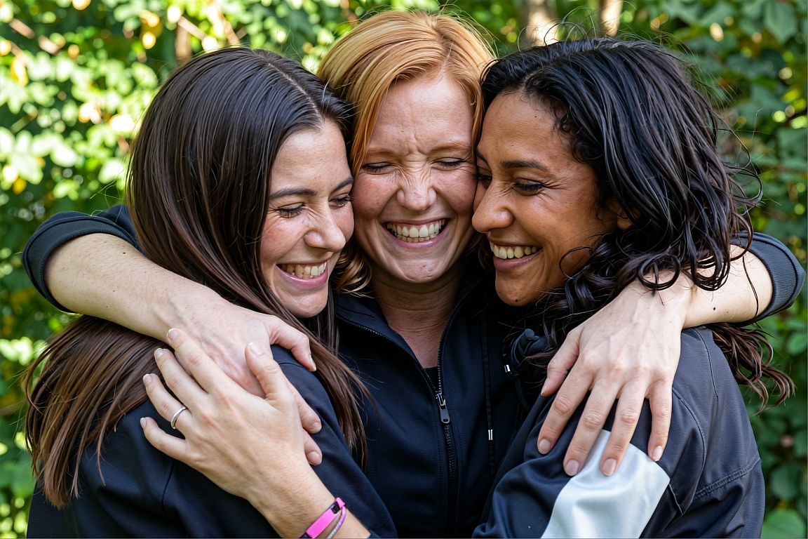 Three women are embracing each other tightly in an outdoor setting with lush green foliage in the background. The woman in...