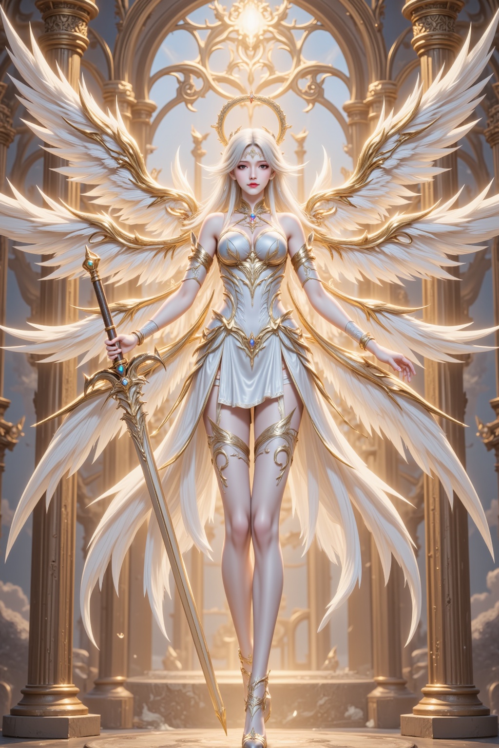 <lora:绚丽多彩·优化9:0.8>,lvjing,1girl,weapon,wings,sword,solo,breasts,holding,angel wings,pillar,white dress,dress,holding weapon,holding sword,long hair,white hair,thighhighs,bare shoulders,blonde hair,angel,jewelry,feathered wings,halo,looking at viewer,armlet,white wings,large breasts,multiple wings,bracelet,12,