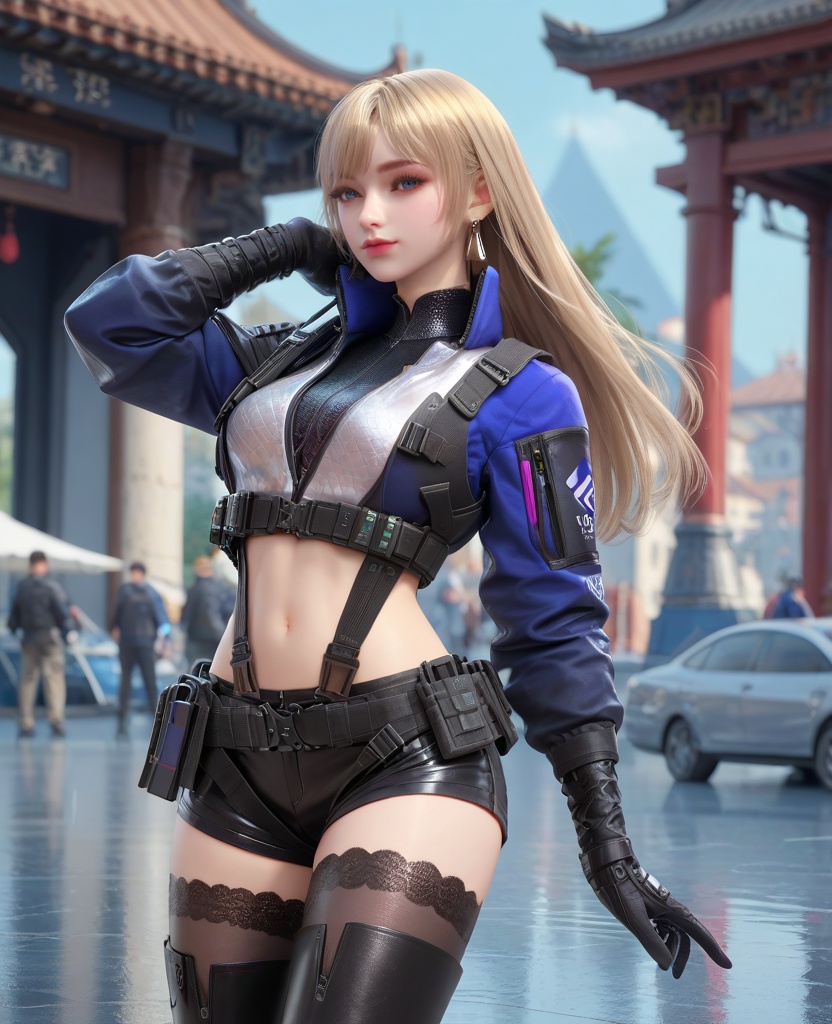 (oriental architecture, elegant decor, sophisticated style:1.1),(soaked:1.1),(breasts:1.2),<lora:XL16穿越火线岚兮儿保卫者:0.95>,miss lanxier,blue cropped jacket with tactical reflective patches,blue eyes,blonde hair,long hair,earrings,suspenders,black gloves,black shorts,midriff,black thighhighs,black thigh boots,, score_9,score_8_up,score_7_up,score_6_up,score_5_up,score_4_up,3d rendering,tag1,tag2, Cinematic Lighting,backlighting,, zPDXL3, zPDXL2,zPDXL, zPDXLxxx, zPDXLrl,