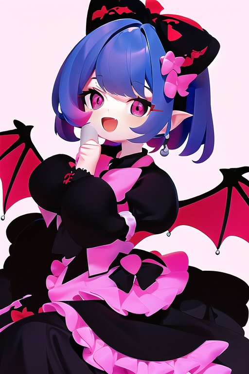 CH,high contrast,1Girl,solo,looking at the audience,blue blue smile,short hair,open mouth,bangs,black hair accessories,long sleeves,black and red Gothic Lolita,bow,holding,jewelry,headband,food,demon wings,demon tail,Lolita fashion,Gothic Lolita,Lolita headband,macaron,purple background,