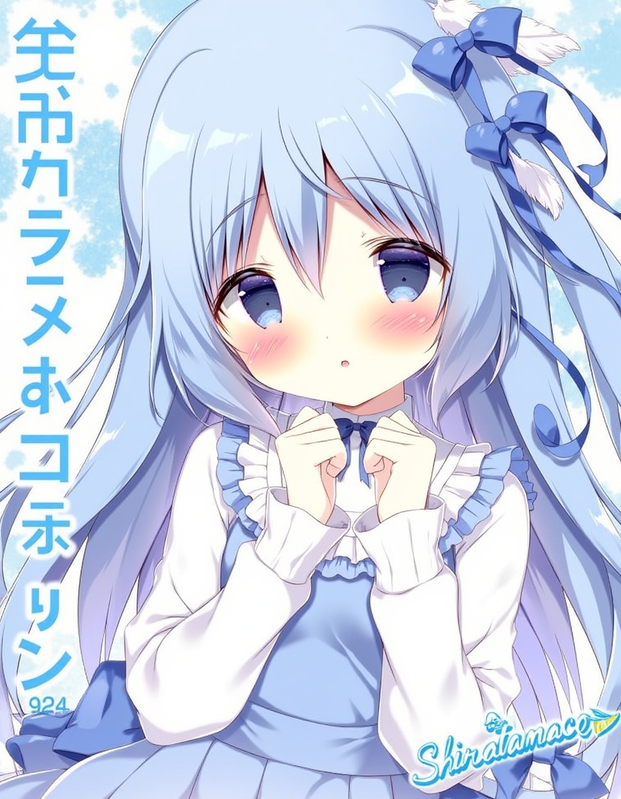 shiratama_(shiratamaco), commentary_request, highres, translation_request, 1girl, :o, blue_dress, blue_eyes, blue_hair, blue_ribbon, blush, cover, cover_page, dress, feathers, frilled_dress, frills, hair_between_eyes, hair_ribbon, hands_up, long_hair, long_sleeves, looking_at_viewer, one_side_up, parted_lips, ribbon, shirt, sleeves_past_wrists, solo, very_long_hair, white_feathers, white_shirt, wing_hair_ornament, , original, year_2024,, <lora:flux-Shiratamaco-000008:1>