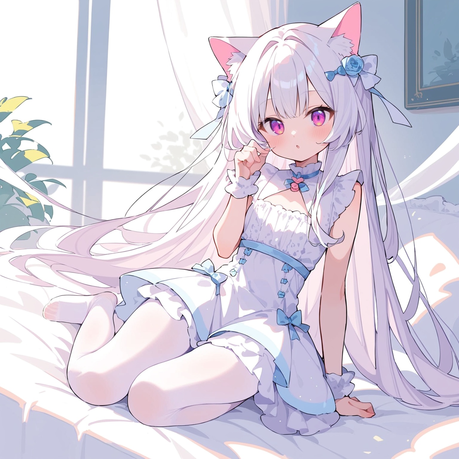 score_9,score_8_up,score_7_up,anime,masterpeice,best quality,very aesthetic,absurdres,cat girl,nekomata,white cat ears,<lora:cat_girl_pony_v21:1>,1girl,solo,white hair,bangs,long hair,pink eyes,white dress,white pantyhose,fair_skin,light_blush,full-body,front_view,looking at viewer,bedroom,cat stretch,in summer,