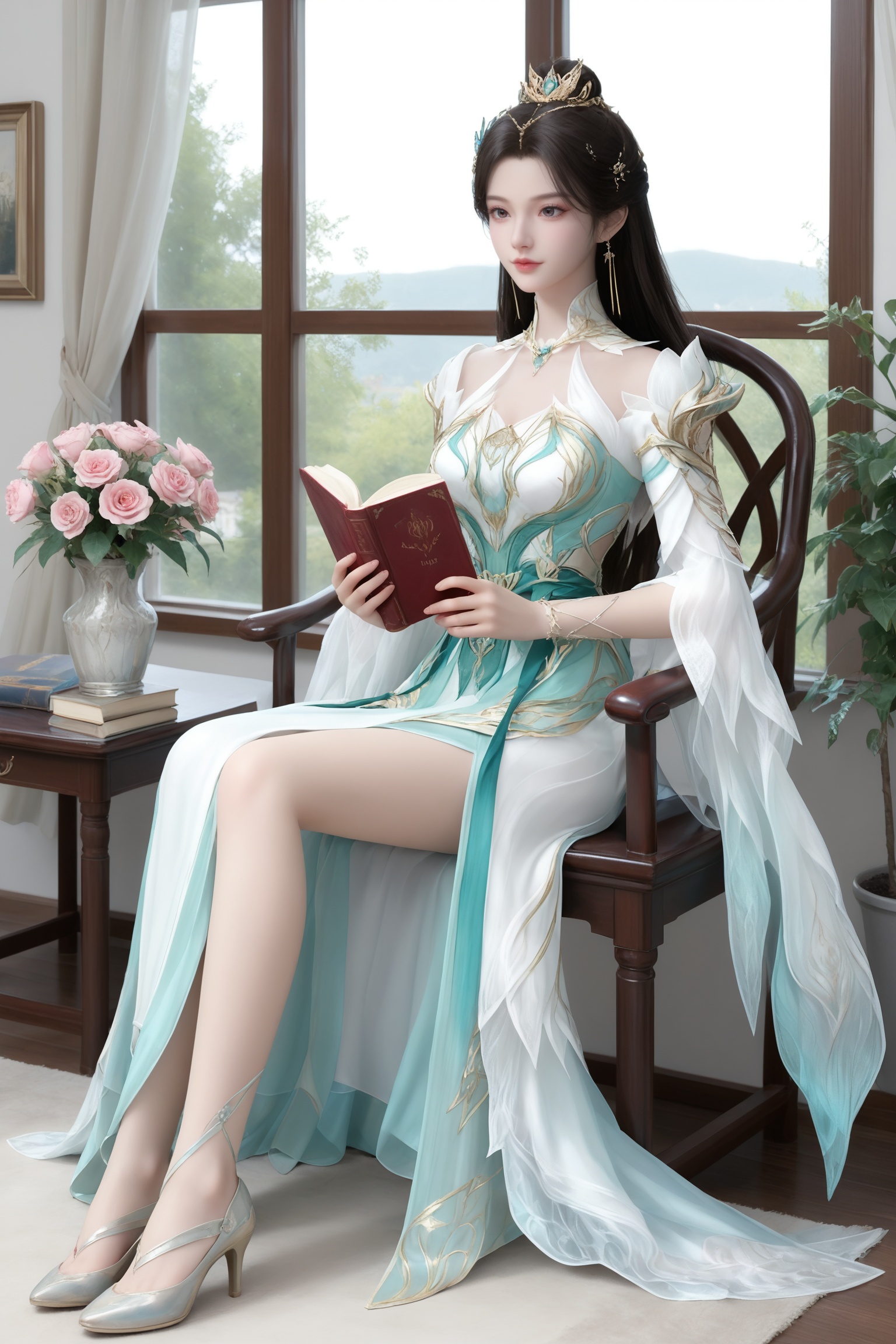<lora:斗破苍穹-古薰儿-斗圣Pony:0.7>,1girl,long dark hair,floral crown,intricately designed,flowing gown with white,teal,and silver,intricate,ornate patterns,high collar,long sleeves,high slit skirt,slender legs,high heels,, flower,solo,sitting,plant,pink flower,book,holding,pink rose,holding book,rose,indoors,window,chair,red flower,potted plant,reading,feet out of frame,sunlight,open book,on chair,from side,floating hair,day,closed mouth,red rose,white flower,