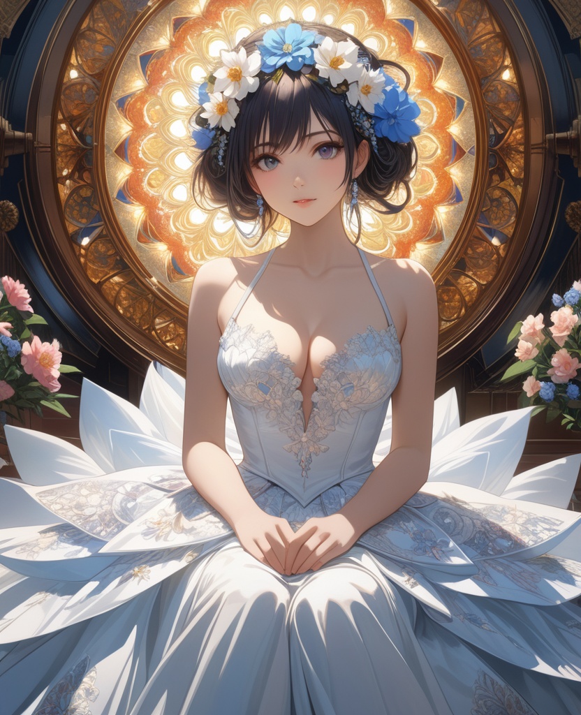(,1girl, ,best quality, ),looking at viewer,,anime,(masterpiece, top quality, best quality, official art, beautiful and aesthetic:1.2), (1girl)	, , (cleavage),extreme detailed,(fractal art:1.3),colorful, flowers ,highest detailed,(by Jeremy Lipking)    (cleavage), (),
