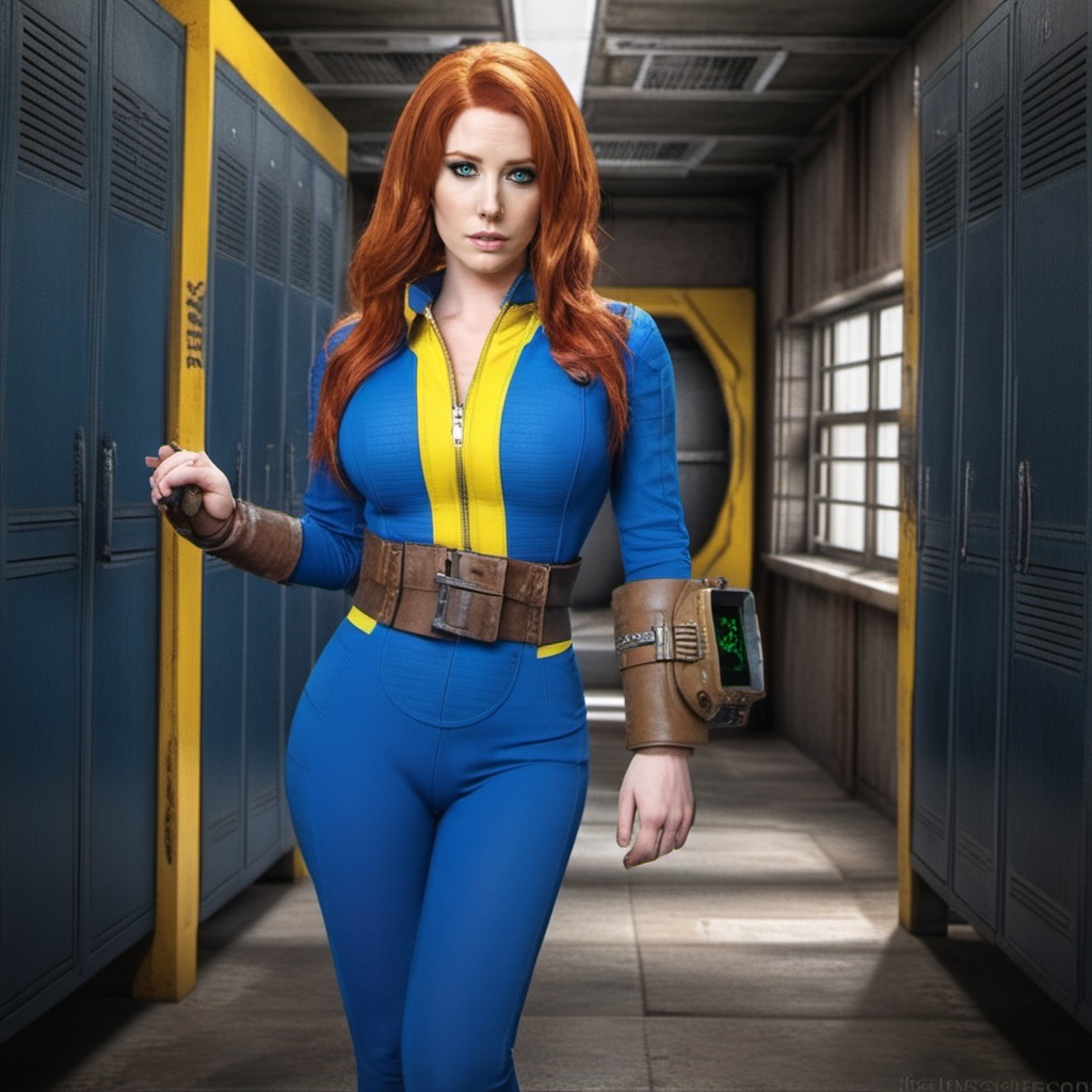 Dystopian style a redhead busty woman wears a blue and yellow outfit,  a computer wrist,  a belt on Tensor.Art