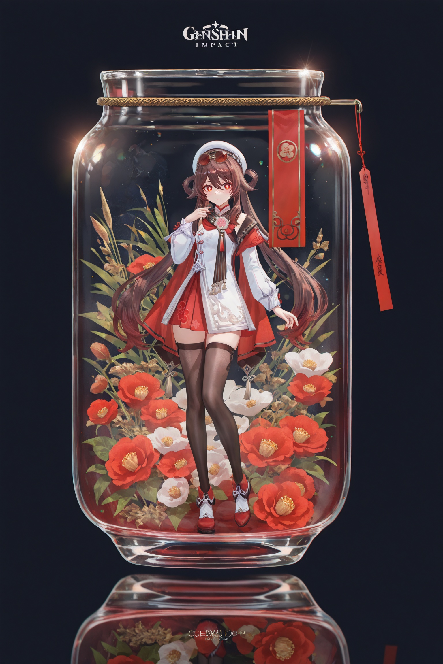 masterpiece,best quality,good quality,((artist:reoen),(artist:fuzichoco),(artist:atdan),(artist:torino_aqua),year 2024:0.8)1girl,[artist:wlop],jijia,2d,anime,1girl,solo,looking at viewer,in container,see-through,standing,hand up,character name,black background,reflection,copyright name,gradient,a glass bottle with a picture of a woman on it,a picture of a girl inside a clear container with a bunch of stuff in it,interval glass,inside the container,glass separation,<lora:huxiang-noob-Tanger-000014:0.8>,hu tao \(cherries snow-laden\) \(genshin impact\),clothes:cherries snow-laden,flower-shaped pupils,1girl,white hat,long hair,symbol-shaped pupils,scarf,hair rings,black thighhighs,red eyes,sunglasses,brown hair,long sleeves,zettai ryouiki,hair between eyes,