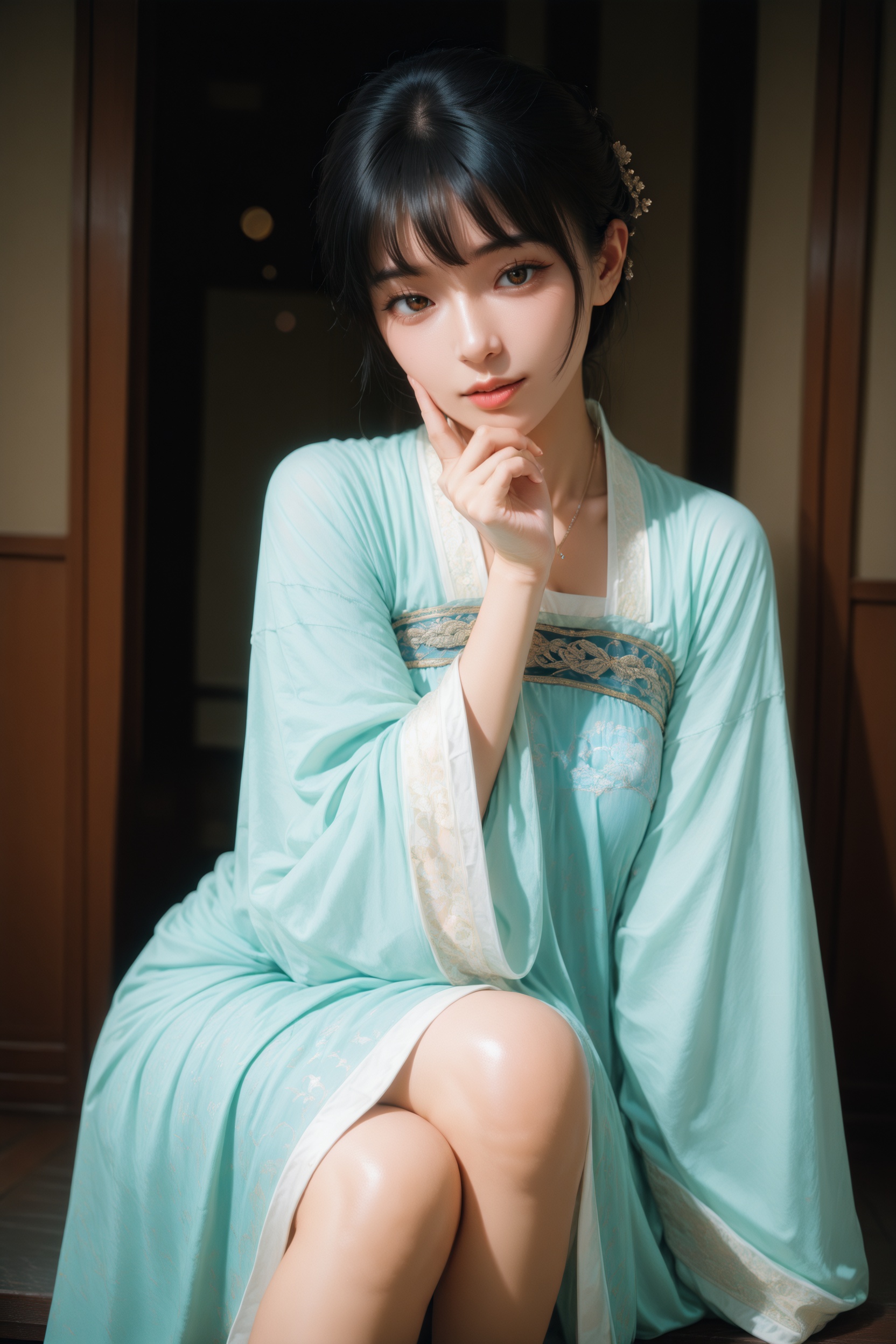 (realistic),(photorealistic:0.9),detailed,photo-referenced,.,.,general,.,.,1girl,feet out of frame,seductive pose,jewelry,traditional chinese hanfu,indoors,, very aesthetic, masterpiece, highres, absurdres,, RAW candid cinema, 16mm, color graded portra 400 film, remarkable color, ultra realistic, textured skin, remarkable detailed pupils, realistic dull skin noise, visible skin detail, skin fuzz, dry skin,, Cinematic Lighting,chromatic_aberration,lens_flare,depth of field,