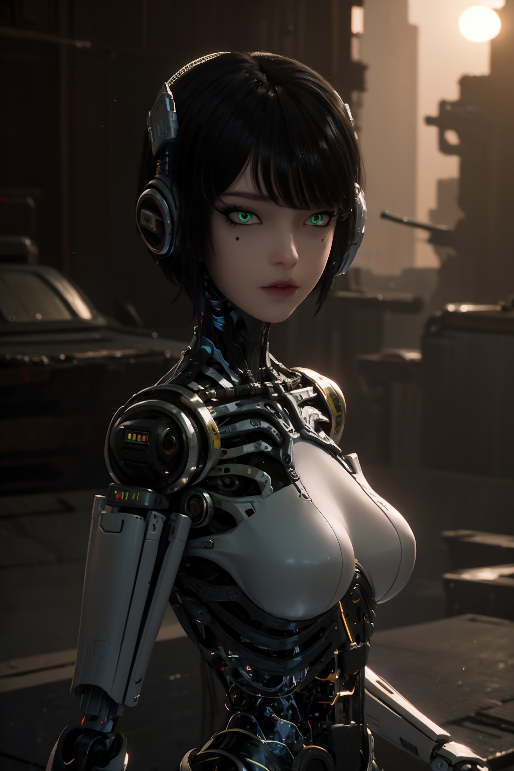 ash,1girl,green eyes,android,black hair,looking at viewer,robot joints,solo,breasts,mechanical parts,short hair,joints,cyborg,blurry background,lips,medium breasts,science fiction,cyberpunk,bangs,cable,depth of field,upper body,desolate,ruins,war,smoke,apocalypse