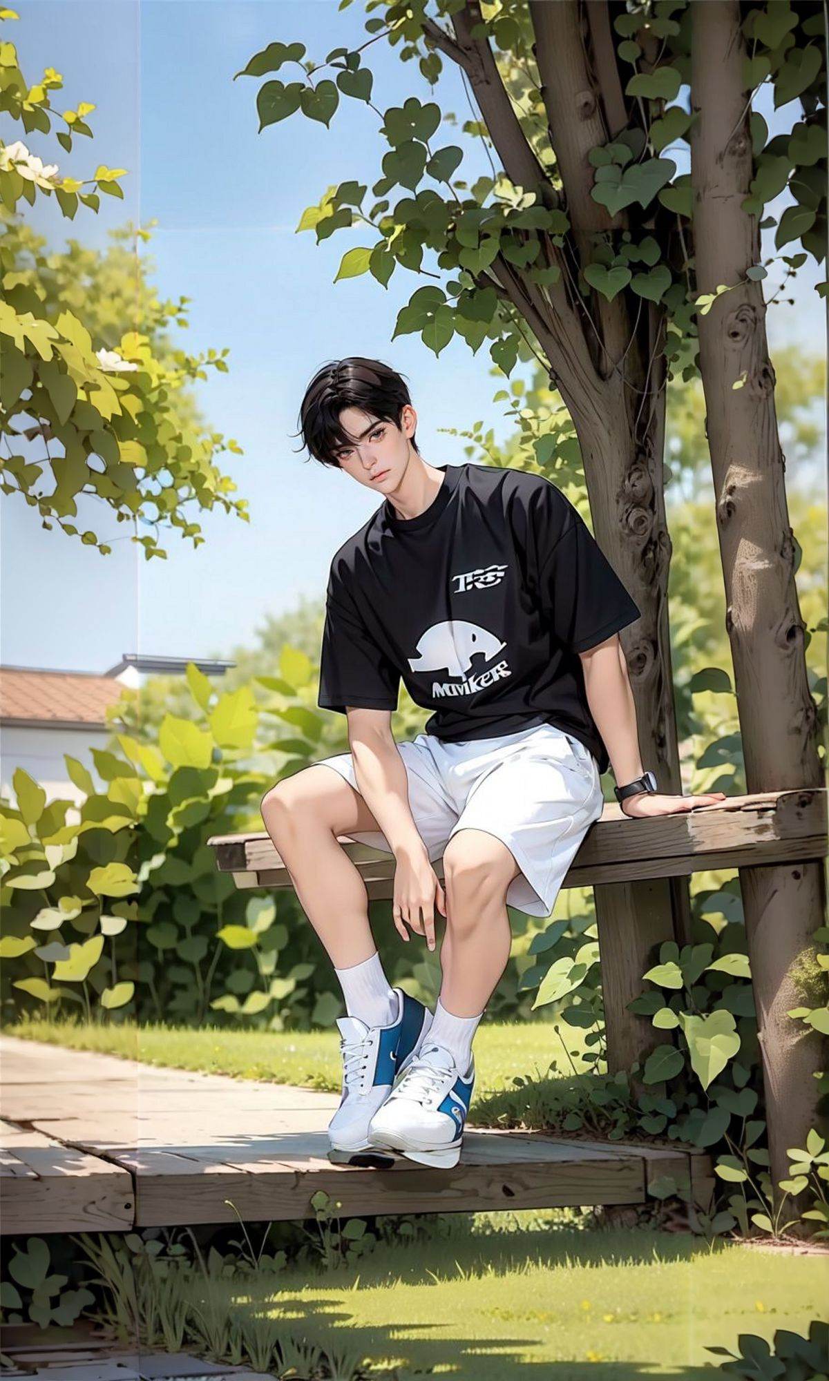 (Masterpiece:1.2), (best quality:1.2), (ultra high resolution:1.2), 1boy, <lora:LovelyDoll3.0:0.65> 1boy, male focus, solo, shorts, shirt, black shirt, sitting, white footwear, blurry, blurry background, white shorts, shoes, outdoors, realistic, socks, sneakers, black hair, tree, short sleeves, white socks, day, pocket, looking at viewer, depth of field, t-shirt
