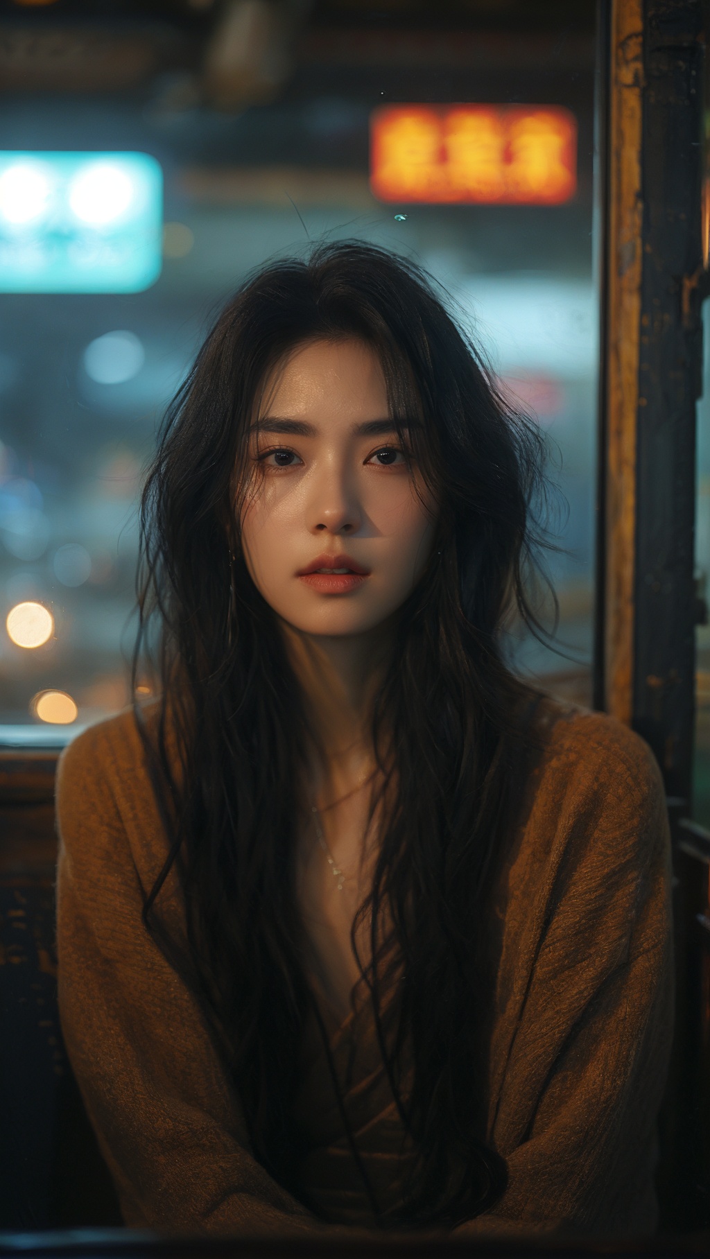 sdmai, fanhua, 1girl, solo, long hair, necklace, jewelry, blurry, black hair, looking at viewer, parted lips, motor vehicle, ground vehicle, lips, depth of field, brown eyes <lora:SDMAI繁花肖像写真fanhua:0.8>