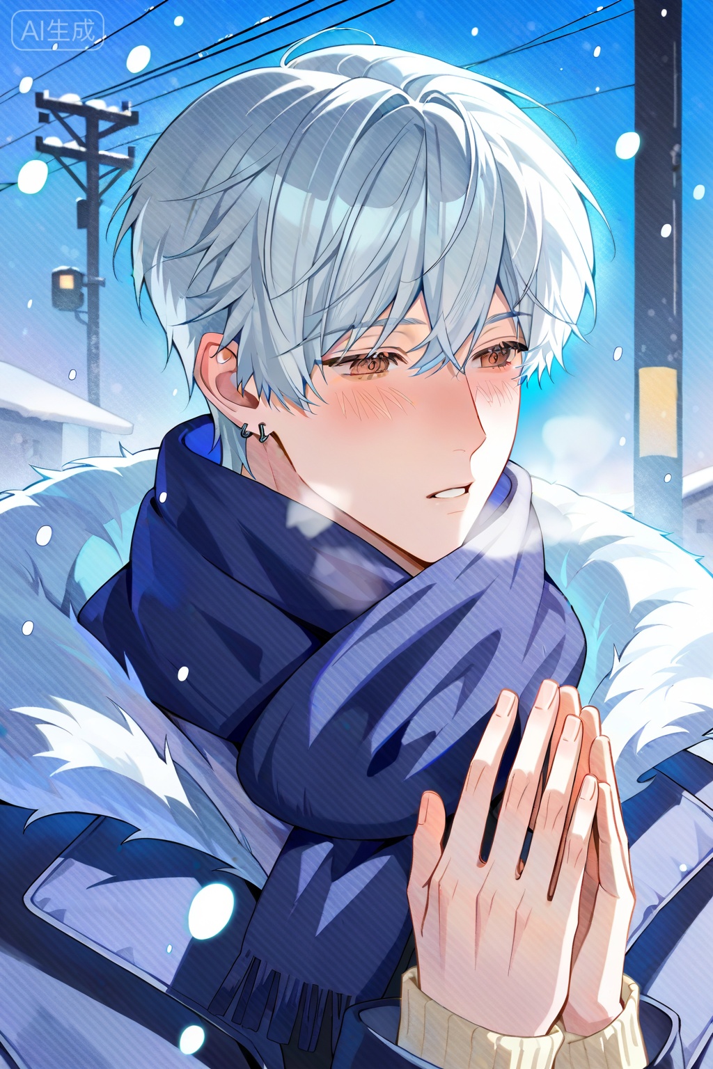 solo,, blush,, short hair,, bangs,, long sleeves,, 1boy,, brown eyes,, jewelry,, upper body,, white hair,, male focus,, earrings,, outdoors,, scarf,, coat,, own hands together,, breath,, snow,, snowing,, winter clothes,, winter,, power lines,, utility pole,, Negative prompt: ng_deepnegative_v1_75t,(badhandv4:1.2),EasyNegative,(worst quality:2),grayscale,worstquality,logo,text,signature,blurry,low quality,cropped,watermark,bad proportions,bad anatomy,username,lowres,normal quality,monochrome,sketches,out of focus,,nsfw, Steps: 29, Sampler: Euler a, CFG scale: 7.0, Seed: 676068886, Size: 1024x1536, Model hash: fe1361c879, Model: illustrious_v20_1.safetensors, Denoising strength: 0.0, RNG: CPU, Lora 1: Art-CL, Lora Hash 1: 4445d5f805, Lora Weight 1: 0.8, vae_name: automatic