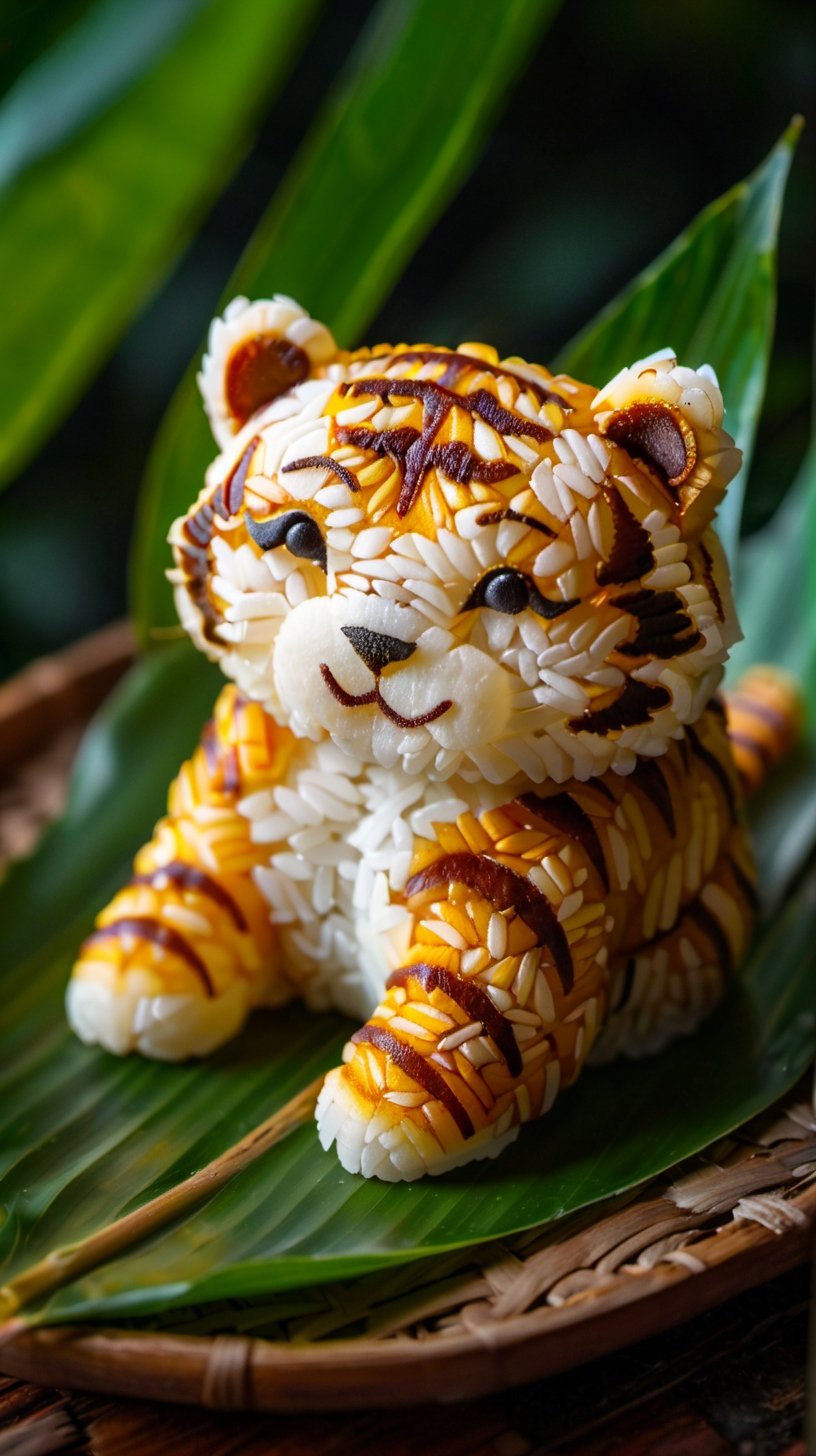 <lora:端午节——创意粽子_V1.0:0.8>,highly detailed,ultra-high resolutions,32K UHD,best quality,masterpiece,tao, chi, the painting is a meticulous representation of a tiger, possibly a tiger cub, made out of rice. the artistic style is detailed and intricate, with the rice being shaped and arranged to resemble the tiger's fur, eyes, and facial features. the theme revolves around nature, specifically wildlife, and the composition is balanced with the tiger resting on a leaf, giving it a serene and natural ambiance.