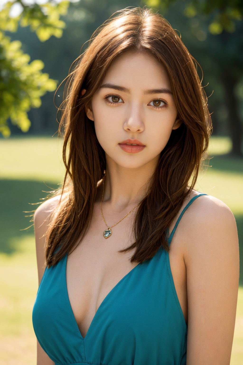 1girl, solo, realistic, long hair, brown hair, necklace, upper body, dress, lips, photorealistic, breasts, sunlight