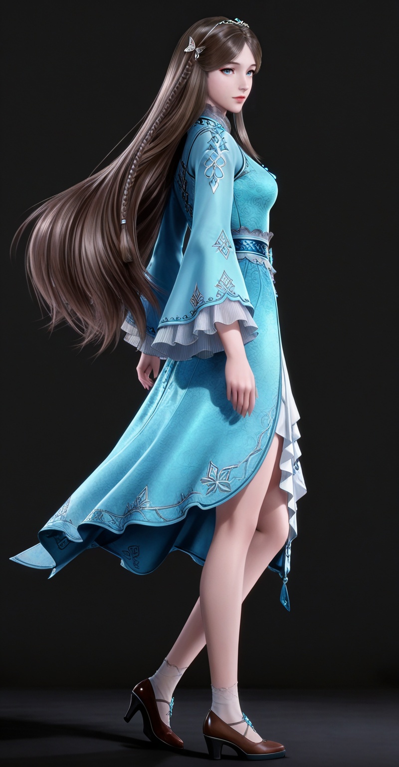 masterpiece,high quality,tall,game cg,highres,(white_skin:0.6),(shiny_skin:0.6),(realistic:1.1),looking_at_viewer,lvjing,<lora:宁荣荣·全新20:0.7>,brown hair,long hair,blue eyes,very long hair,tiara,ningrongrong blue dress,butterfly hair ornament,braid,long_sleeves,wide_sleeves,bare legs,white socks,high_heels,1girl,solo,full body,looking at viewer,high heels,standing,from side,black_background,simple background,