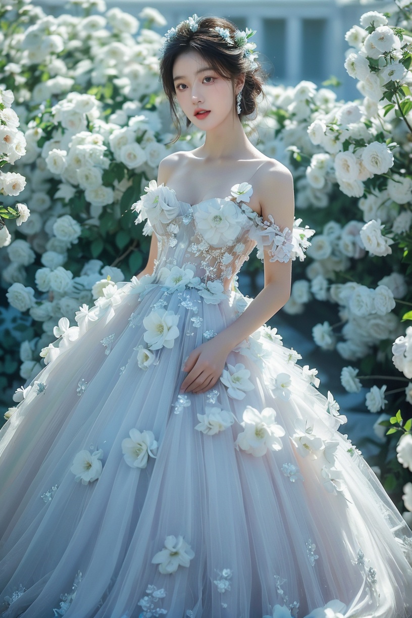 (best quality, masterpiece:1.3),1girl,dress,solo,flower,white flower,breasts,earrings,black hair,cleavage, (looking_at_viewer:1.4),(eye-contact:1.4), jewelry: spring_flower, (blue wedding dress:1.4), Tindal Light, <lora:YG花海:0.7>,