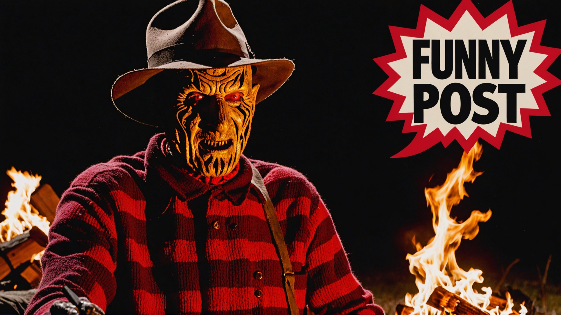 Black and white and red Photo of Freddy Krueger on fire burning in campfire at night with text bubble that says "funny pos...