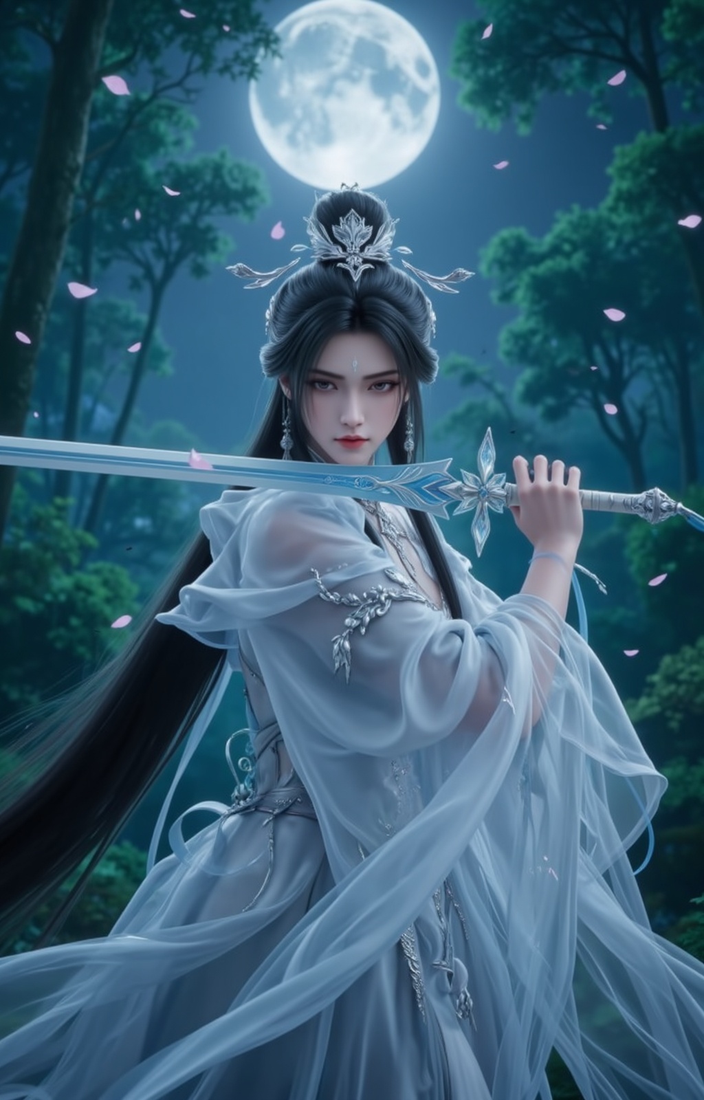 <lora:陆师姐10:0.8>,luxueqi,a stunning beauty,wearing white dress,china_dress,hanfu,exquisite headdress,white skin,eyebrow mark,black hair,long hair,hair_bun,grey eyes,holding a sword,make the move of swinging a sword,in the background is a dense forest,the bright moon hangs high in the air,plenty of leaves and petals flying in the wind,<lora:时尚滤镜10:0.2>,Close-up details,outstanding style,adding a touch of dimension to your images without compromising details,close-up,
