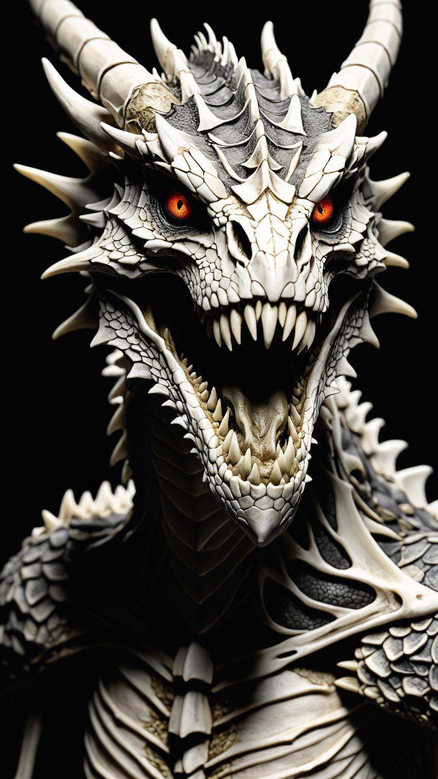 photo of an undead dragon combined with a sinew tissue and bones, close up, extremely detailed