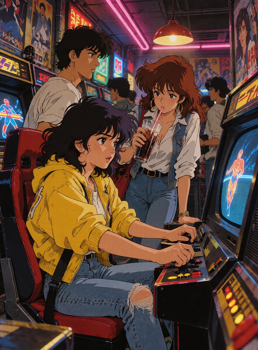 Three stylish young ***** friends enjoying a lively 1980s Japanese arcade,  one woman in a bright yellow oversized jacket...
