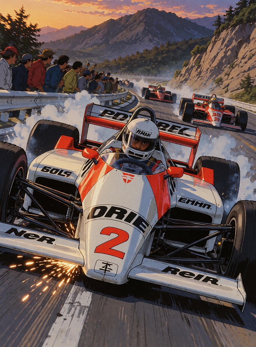 A white and red 1980s Formula racing car drifting through a tight mountain circuit at sunset,  ***** driver visible throug...