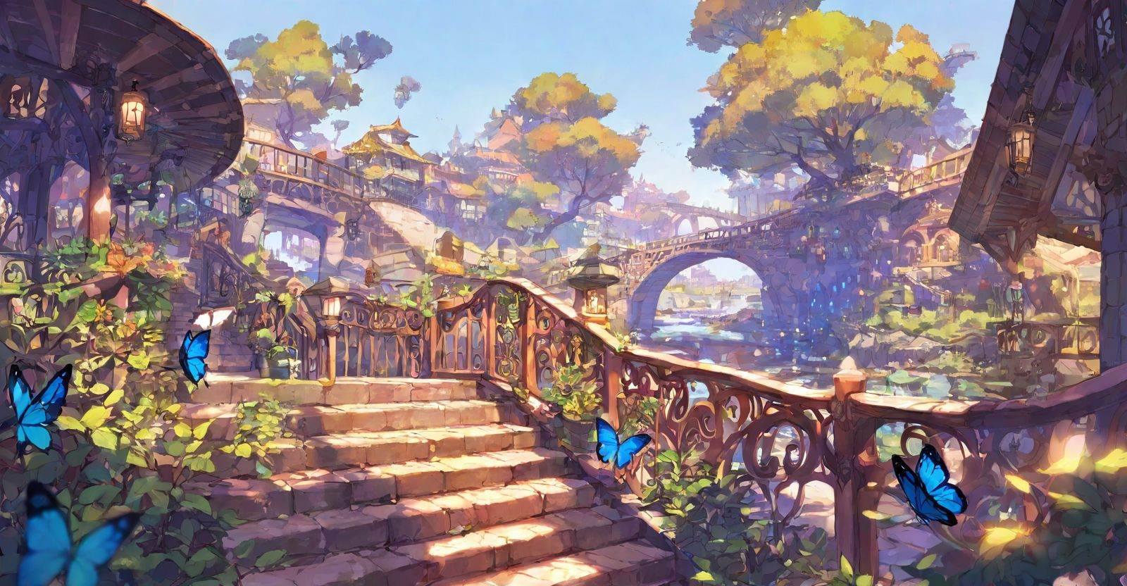 highres,extremely detailed 8k wallpaper,illustration,depth of field,great quality,masterpiece,best quality,amazing quality,very aesthetic,absurdres,Japanese fantasy style,artist:ciloranko BREAK<lora:Japanese fantasy style:0.8>, -Japanese fantasy style, butterfly, 1girl, hat, bug, railing, scenery, outdoors, stairs, day, sky, plant, solo, tree, building, fantasy, bridge