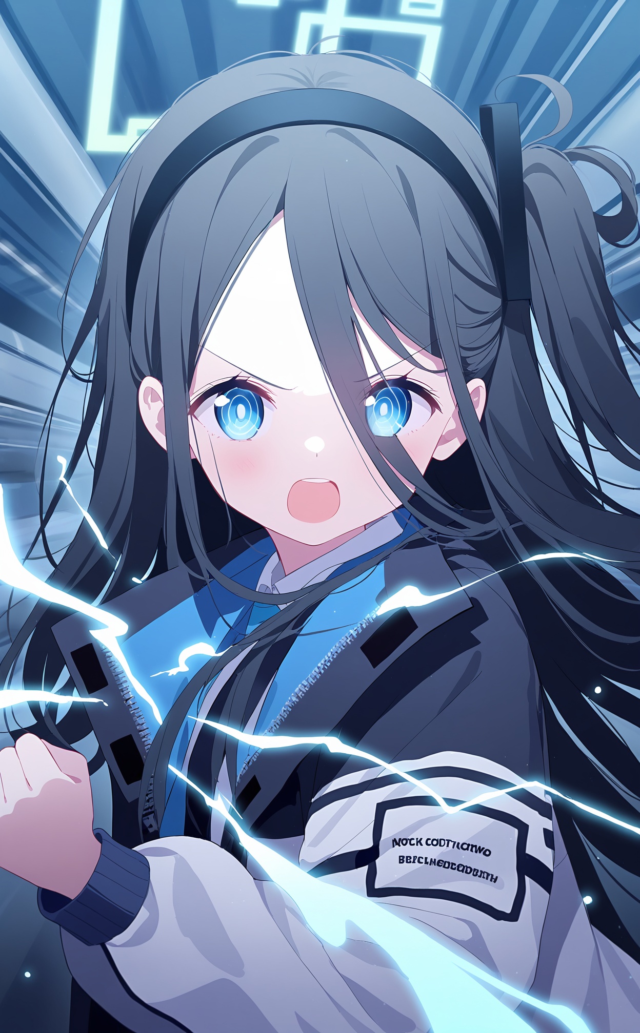 masterpiece,very aware,(highres),absurdres,newest,best quality,high quality,loli,petite,chromatic_aberration,dynamic_angle,cinematic_angle,//,1girl,aris_\(blue_archive\),blue_eyes,solo,jacket,open_mouth,long_hair,black_hair,incoming_attack,ringed_eyes,blue_theme,long_sleeves,clenched_hand,forehead,electricity,white_jacket,hairband,v-shaped_eyebrows,train,upper_teeth_only,looking_at_viewer,black_hairband,one_side_up,teeth,upper_body,//,//,artist:deyui,artist:doremi_(doremi4704),artist:mx2j,artist:yutokamizu,artist:child_(isoliya),//,//,<lora:BA02:0.85>,