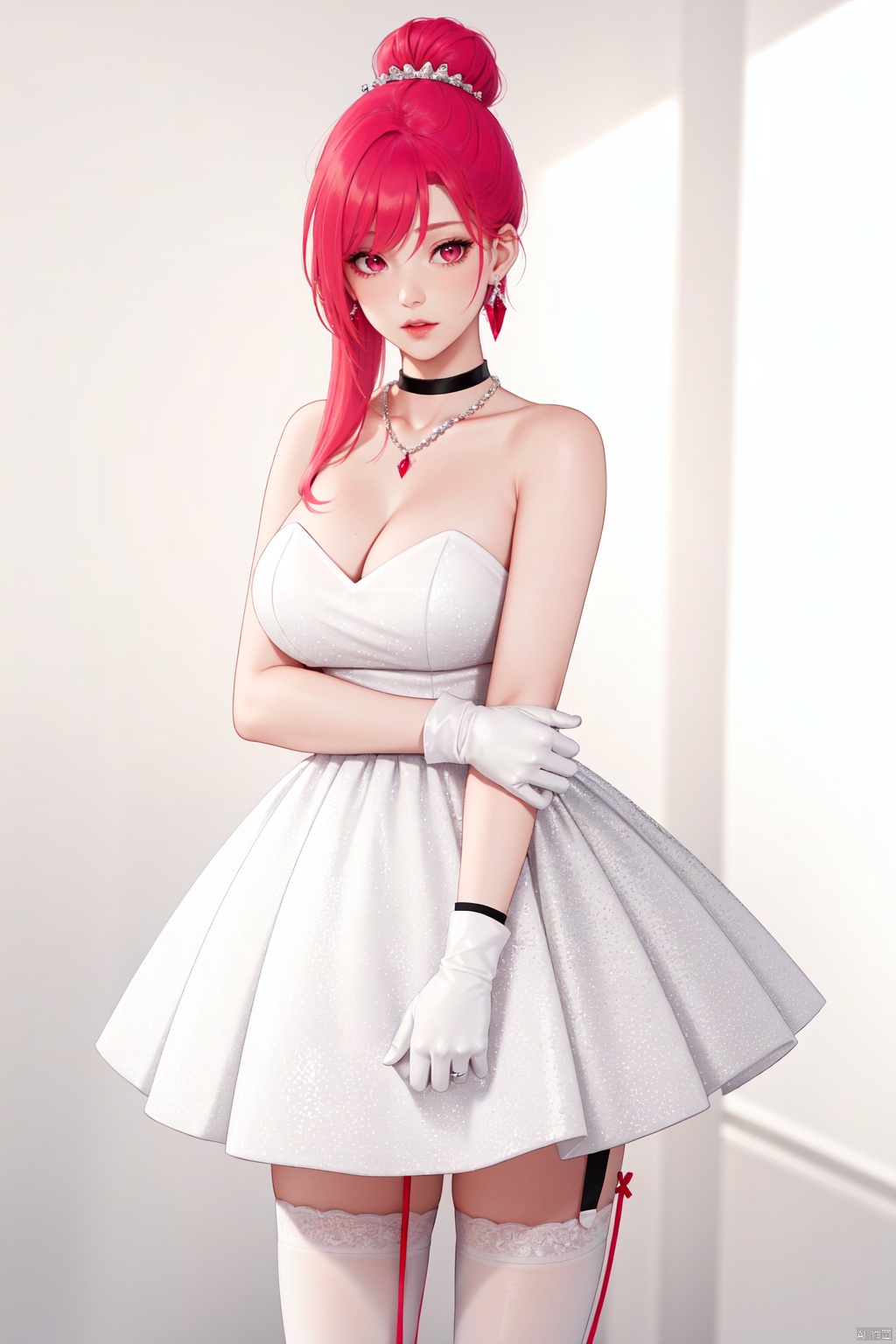 realistic style, cinematic work, 8k wallpaper, masterpiece, very realistic quality, best quality, masterpiece, high-level, high-resolution,,,edge lighting, dual tone lighting, soft lighting, the illuminated surface of the material has bright spots and highlights, which flicker and have a mirror effect when reflected, there are sparkling spots on the armor,,,1 girl, mature female, solo, full body, looking at viewer, lace, strong rim light, standard proportion of female body, golden proportion of female body,,,standing, standing posture, sexy full body standing posture,,,,(heitaizi4, 1girl, pink hair, red eyes, hair bun, bangs, pink eyes, single hair bun,red hair, long hair, dress, gloves, breasts, white gloves, white dress, bare shoulders, thighhighs, high heels, strapless dress, flower, white footwear, cleavage, strapless, jewelry, wedding dress, pantyhose, white thighhighs, large breasts, choker,:1.2),,colorful,(detailed skin: 1.3), (detailed face: 1.3),clear focus,delicate,(mature women: 1.2),(glossy skin+glossy skin: 1.4),(sweating: 1.1),(big_eyes),red_ eyeshadow,long_ eyelashes, red lips,,,simple background, grey background,,,(diamond hair accessories, diamond necklaces, diamond earrings, diamond earrings, clothes embedded with diamonds, armor embedded with diamonds,:1.3), heitaizi1<lora:EMS-324561-EMS:0.280000>