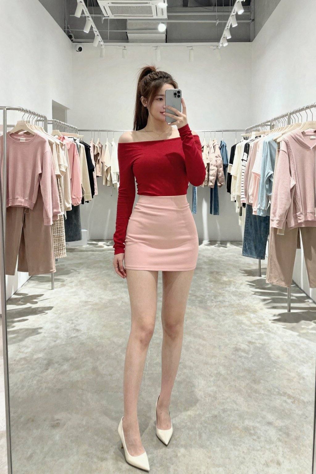 <lora:20260226_TinZITLBSWSliderLora_000000090:-2>, This is a high-resolution photograph of a young Asian woman taking a mirror selfie in a modern, brightly lit clothing store. The woman has fair skin and long, straight brown hair tied back in a high ponytail. She is wearing a tight, off-the-shoulder, long-sleeve red crop top that accentuates her small to medium-sized breasts. Her outfit includes high-waisted, light pink short skirt that fit snugly and reveal her toned legs. She is also wearing sheer, adding a touch of sensuality to her look. Her footwear consists of shiny, white high heels that add height to her already tall stature. The store's interior is minimalist and modern, featuring a polished concrete floor, white walls, and exposed ductwork on the ceiling. The background showcases neatly arranged clothing racks filled with a variety of garments, predominantly in pastel shades of pink, beige, and light blue, contributing to the overall calm and stylish ambiance of the space. The photograph is professionally styled, with a focus on the woman's fashion-forward attire and the clean, contemporary setting.  
