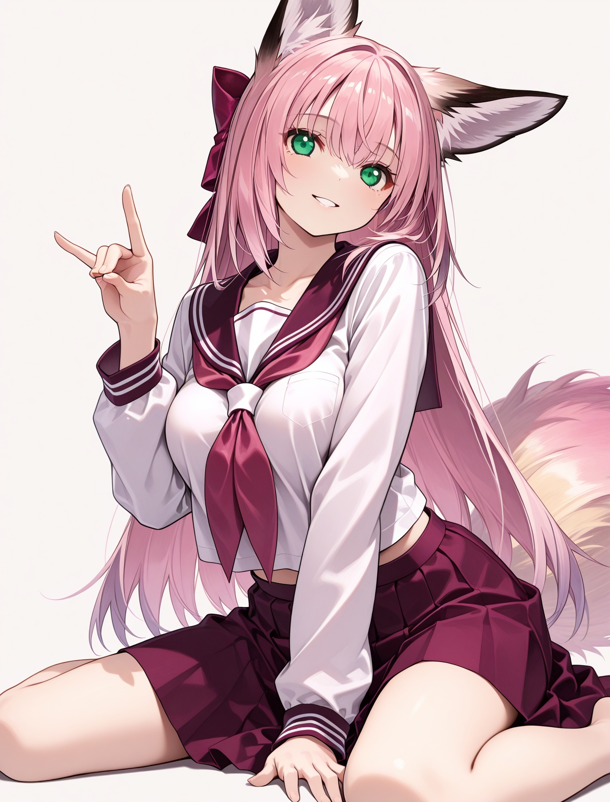 <lora:hanazuki_IL_v1.0:1>,hanazuki,fox girl,wariza,fox shadow puppet,serafuku,arm support,between legs,smile,parted lips,simple background,, masterpiece,best quality,