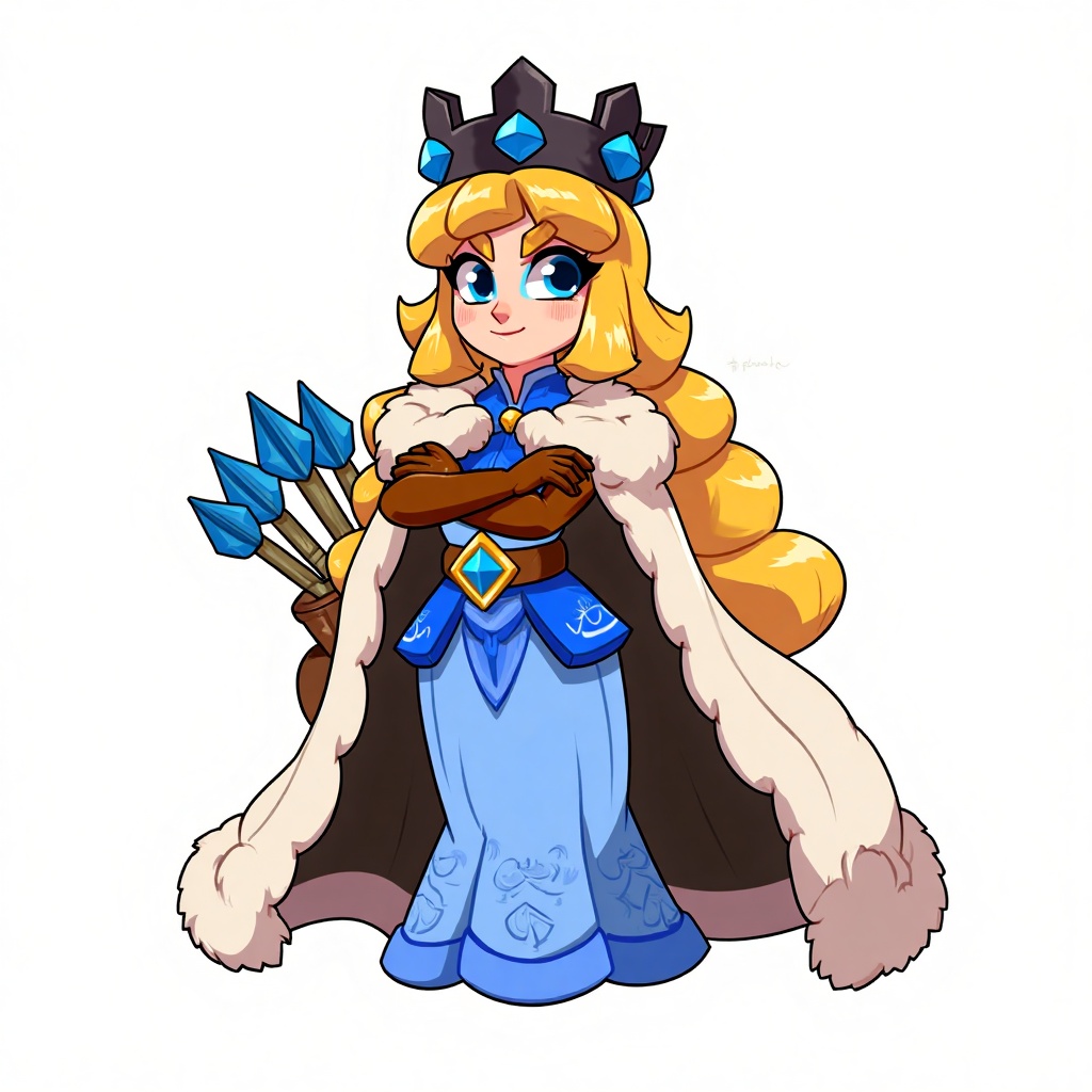 OMQJ,Her entire body is adorned with a crown-like headdress in a dark color with blue decorations. Her golden hair is braided,and her face is adorned with blue makeup,exuding a confident and composed expression. The character is dressed in a blue gown with delicate textures,draped with a cloak adorned with white fur trim,adding a touch of luxury and nobility. A brown belt cinches her waist,her arms are crossed,with brown gloves on her hands,presenting an elegant posture. A quiver containing blue-tipped arrows can faintly be seen behind her,hinting at potential long-range attack capabilities. The overall design blends elements of nobility and combat.,