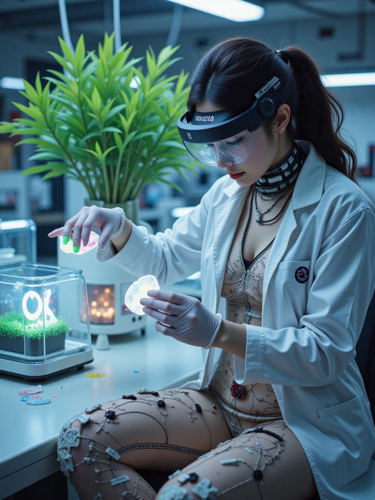A midground composition in front of the lab bench,a Latinx scientist wearing an intelligent jumpsuit printed with anatomical diagrams,over which is a torn white lab coat **** of transparent silicone (the tears revealing mechanical spinal implants). She is using tweezers to pick up glowing nail overlays,each nail being an independent touch screen displaying 3D models of different DNA sequences. Her left foot is pressing on a bio-culture box showing fluorescent green veins,while a transparent panel on her right knee exposes a cluster of nanobots recombining cells. Inside the protective face shield,the toxicity index is scrolling,and the data cable extending from the headset is wrapped around her neck in a gothic choker. Behind her,a luminescent hybrid plant in a cultivation **** casts shadows on her semi-mechanized profile.,