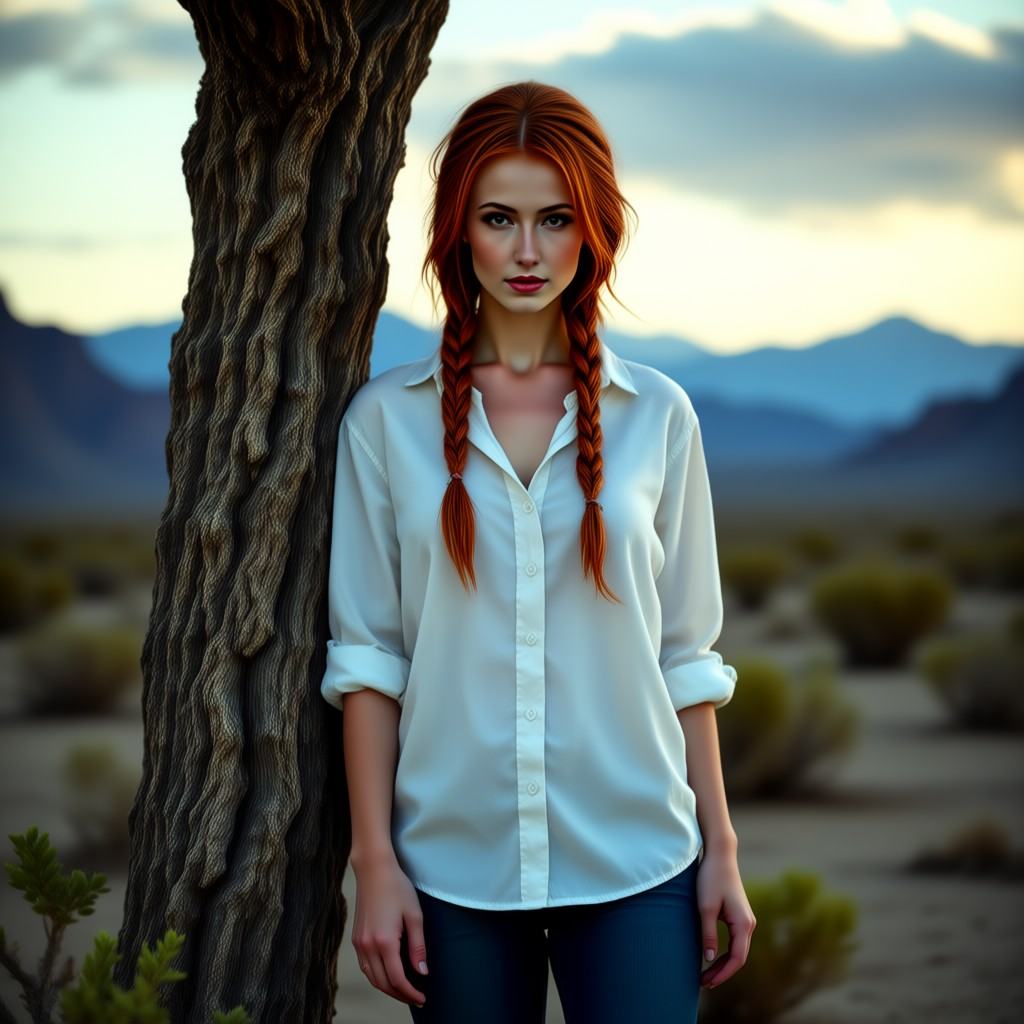 Photograph of a young woman with fair skin and long,  red braided hair standing against a tree in a desert landscape. She...