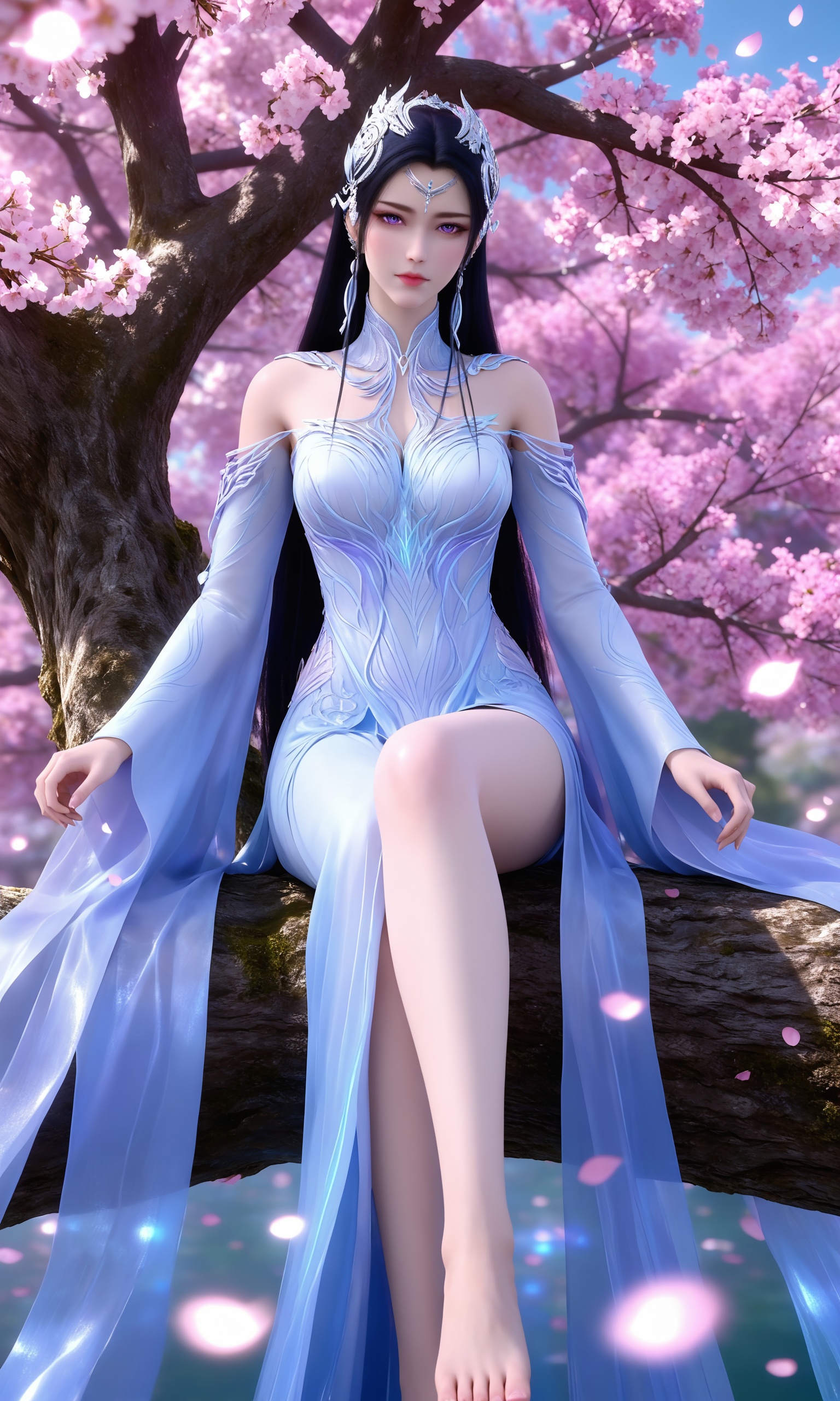 <lora:神国之上-叶婵宫pony:0.7>,1girl,long,dark hair,crown-like headpiece,purple eyes,delicate,flowing patterns of pale blue and silver,resembling intricate lacework dress,long sleeves,high,plunging neckline,barefoot,, masterpiece,best quality,solo,1girl,upper body,petals,looking at viewer,moon,branch,cherry blossoms,flower,extreme aesthetic,(quasarcake:0.7),masterpiece,best quality,good quality,newest,very aesthetic,absurdres,A shot with tension,(Visual impact,giving the poster a dynamic and visually striking appearance:1.2),impactful picture,offcial art,colorful,splash of color,movie perspective,